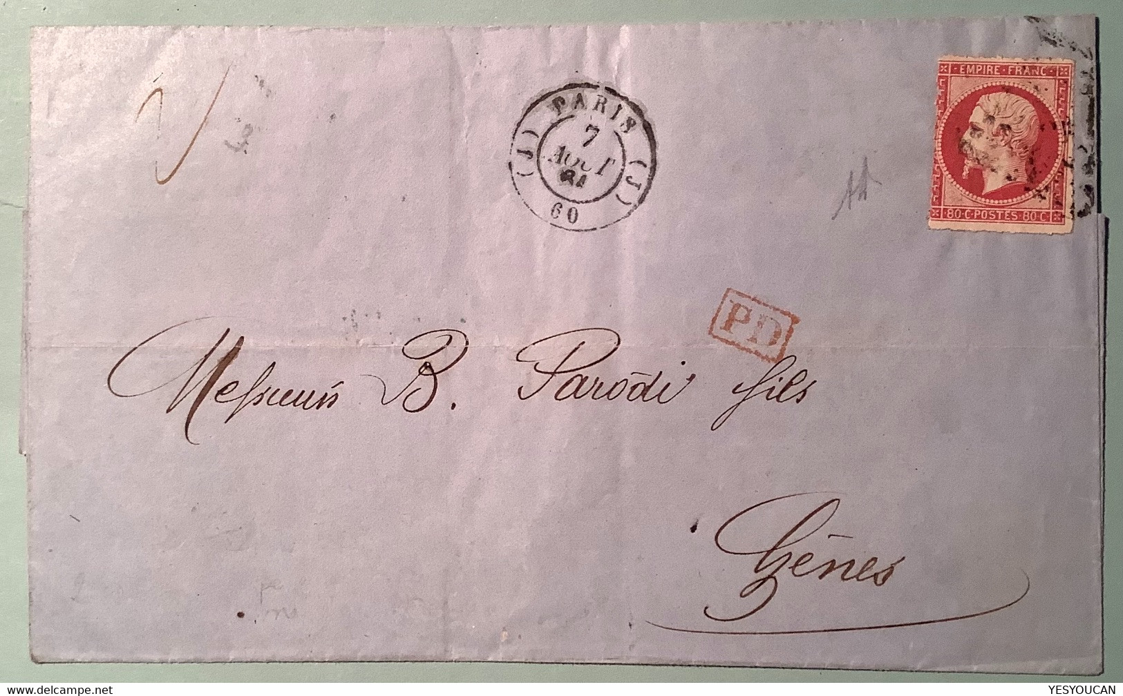 Nr 17B SUPERBE PERCÉ EN LIGNES "PARIS J 1861"  Lettre Affr France Empire 1853-1862 80c Rose>GENOVA  (cover Italy Italia - 1853-1860 Napoléon III