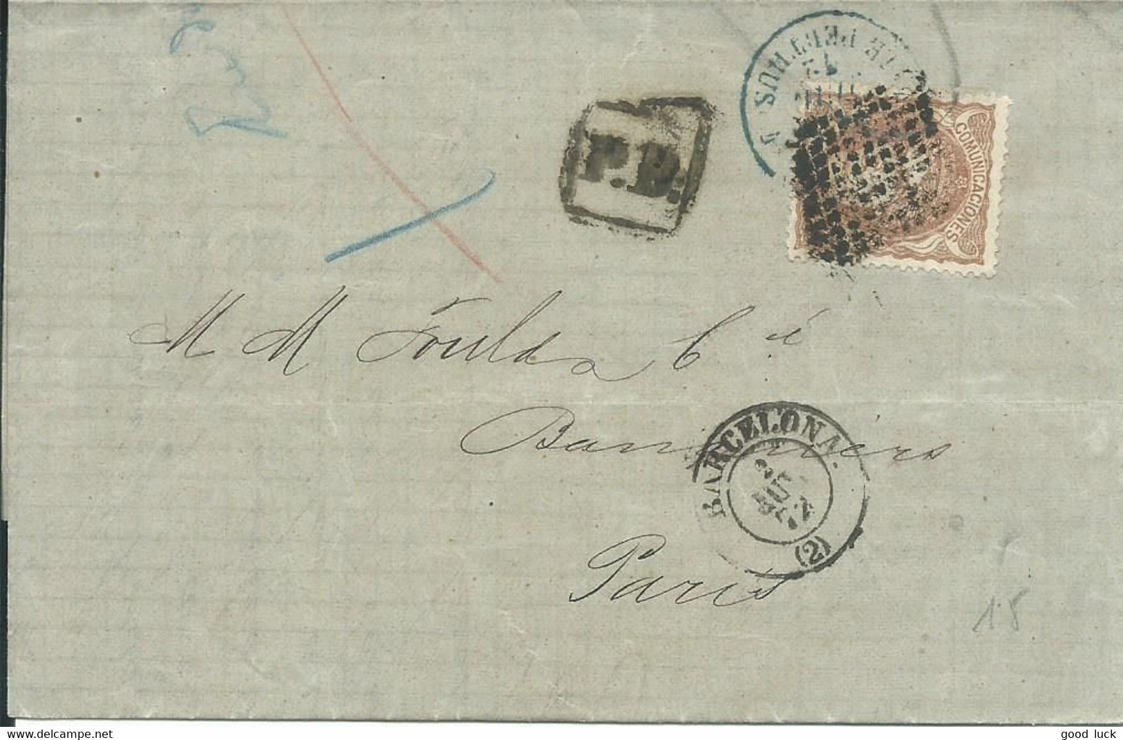 ESPANA / ESPAGNE   N° 108 ( Oblit. Grille )   SUR LETTRE DE BARCELONA POUR PARIS  DE 1872  LETTRE COVER - Storia Postale