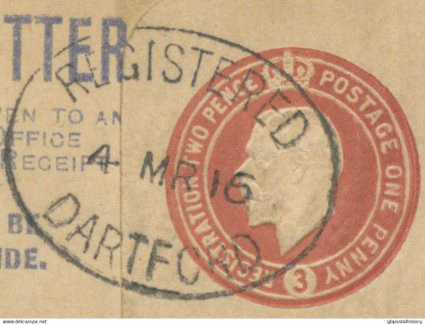 GB „REGISTERED / DARTFORD“ Superb Oval Postmark Also „REGISTERED / LONDON“ And Thimble 18mm „DARTFORD“on Superb GV  3 D - Lettres & Documents