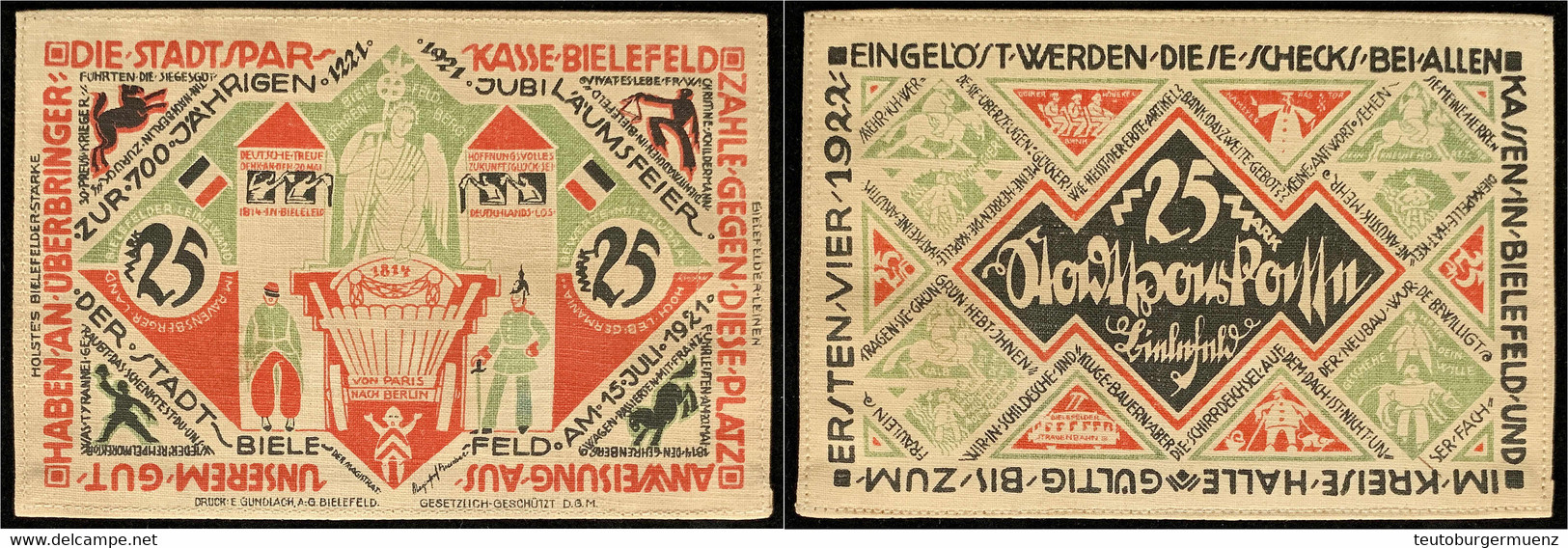 Druckprobe Zu 25 Mark Leinen, Gelblich Statt Weiß 15.7.1921 - 1.4.1922. Vs. Unten: „DRUCK: E. GUNDLACH A.G. BIELEFELD -  - Zwischenscheine - Schatzanweisungen