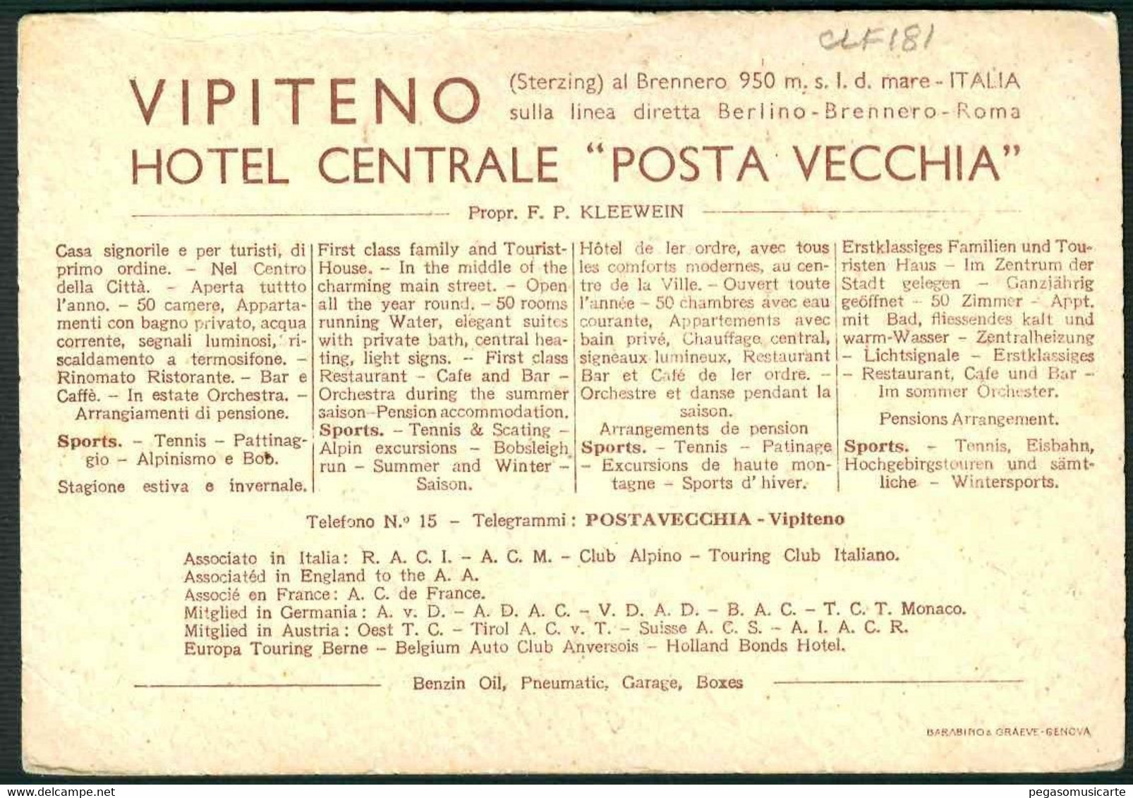 CLF181 - VIPITENO - HOTEL CENTRALE POSTA VECCHIA 1930 CIRCA PUBBLICITARIA - Vipiteno