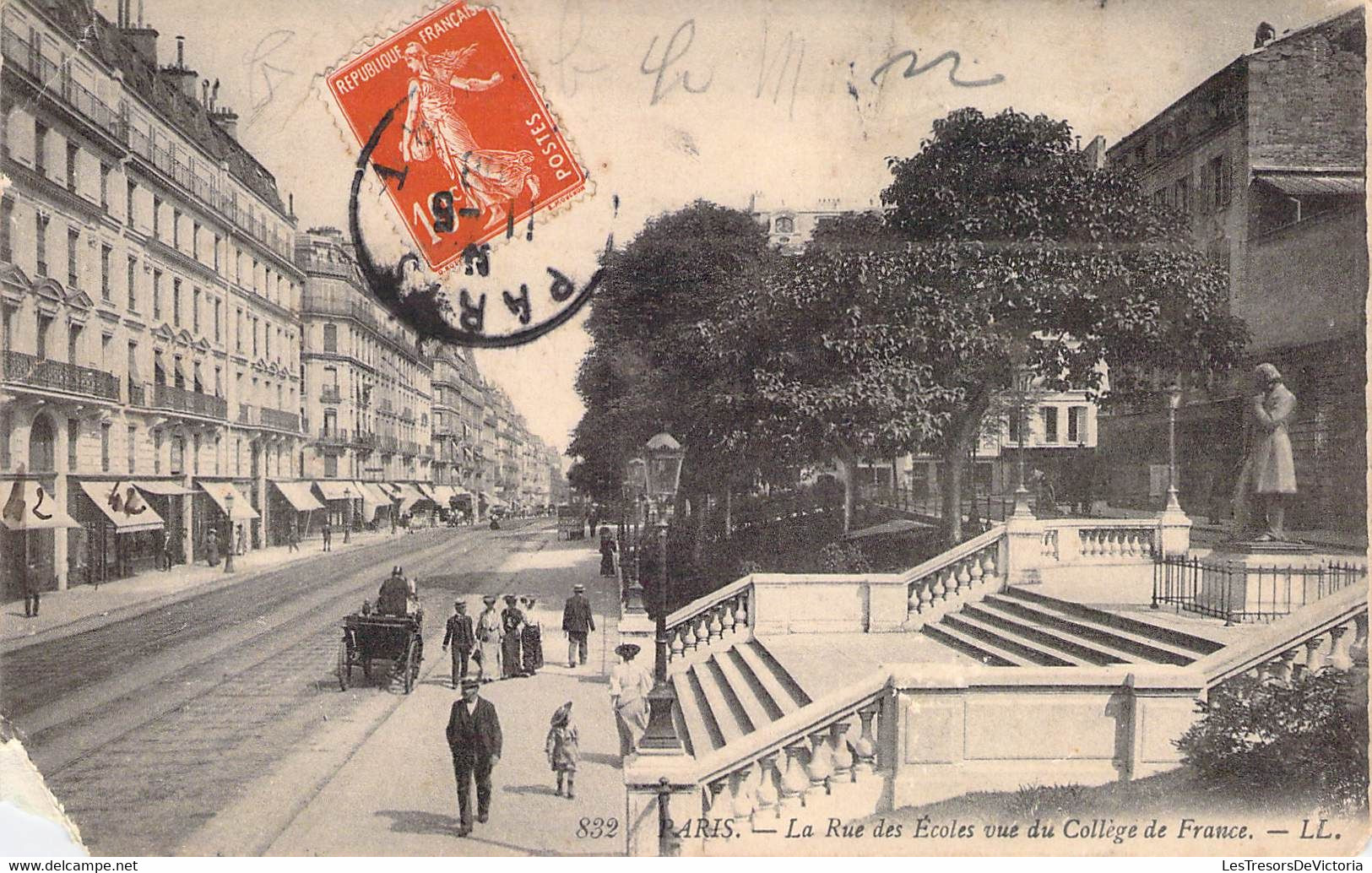 CPA France - Paris - La Rue Des Ecoles Vue Du Collèges De France - L. L. - Oblitérée 1908 - Animée - Attelage - Education, Schools And Universities