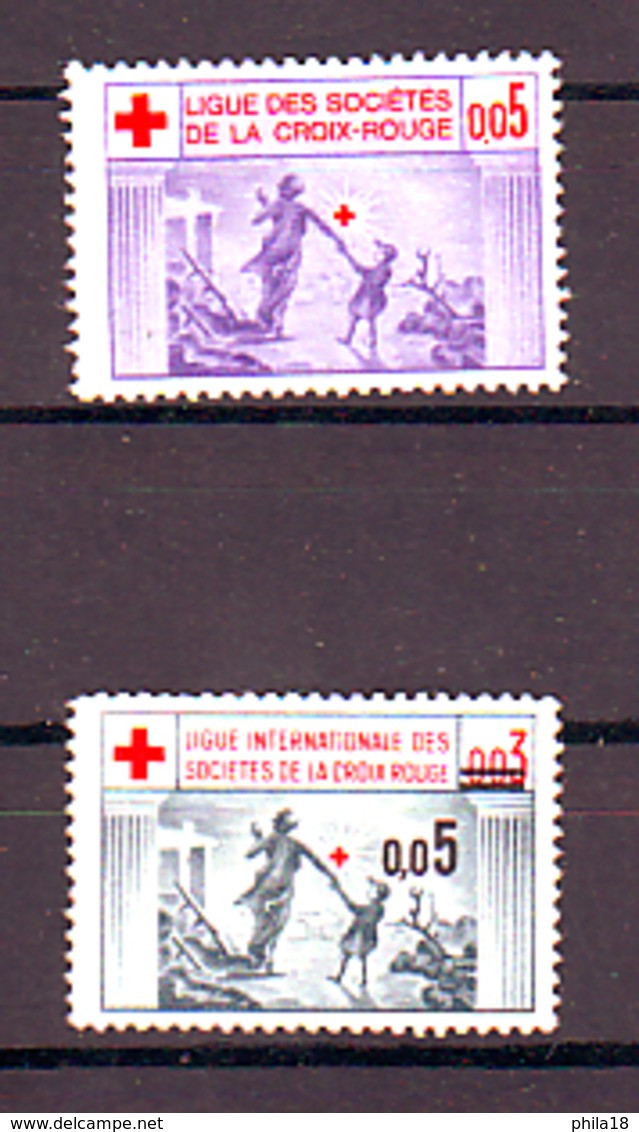 2 TIMBRES LIGUE INTERNATIONALE DES SOCIETES DE LA CROIX ROUGE 1 De 0,05F Et 1 De 0.03 ANNULE ET SURCHARGE 0.05 - Croix Rouge