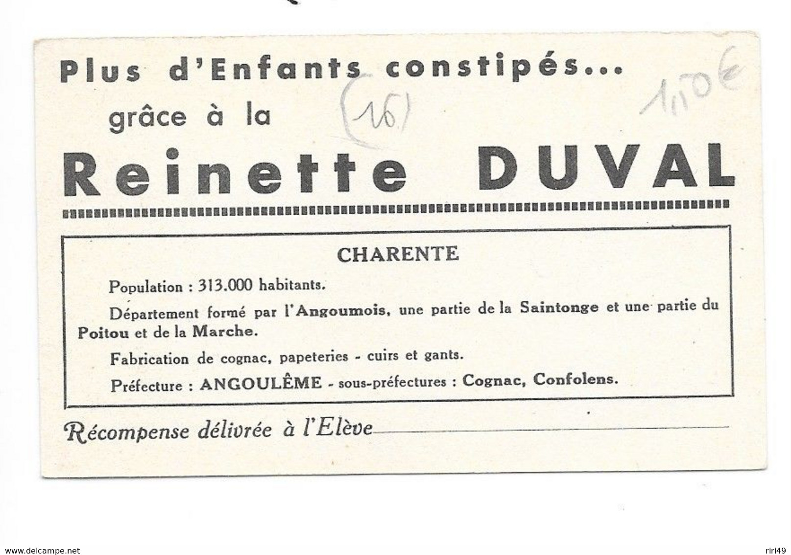 Chromo REINETTE DUVAL, Pharmacie, Médicament Verso Charente-16, Recto: Voir SCANNE - Altri & Non Classificati