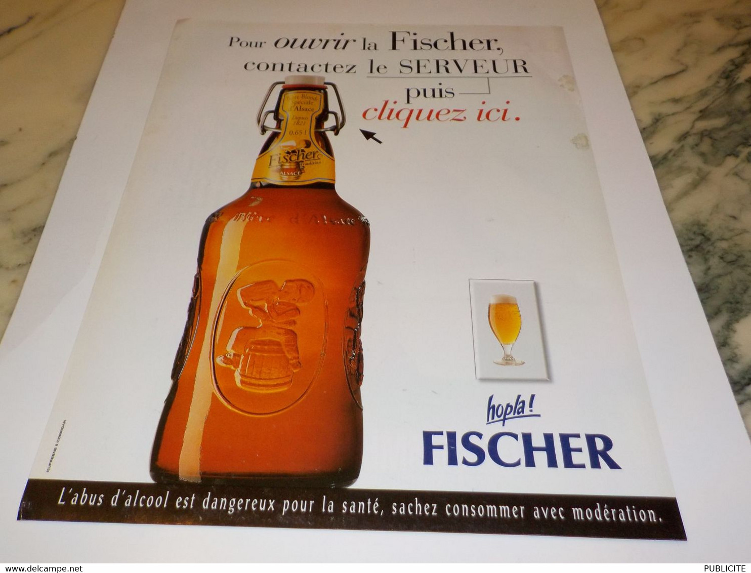 ANCIENNE PUBLICITE CONTACTEZ UN SERVEUR  BIERE  D ALSACE LA FISCHER 1998 - Alcools