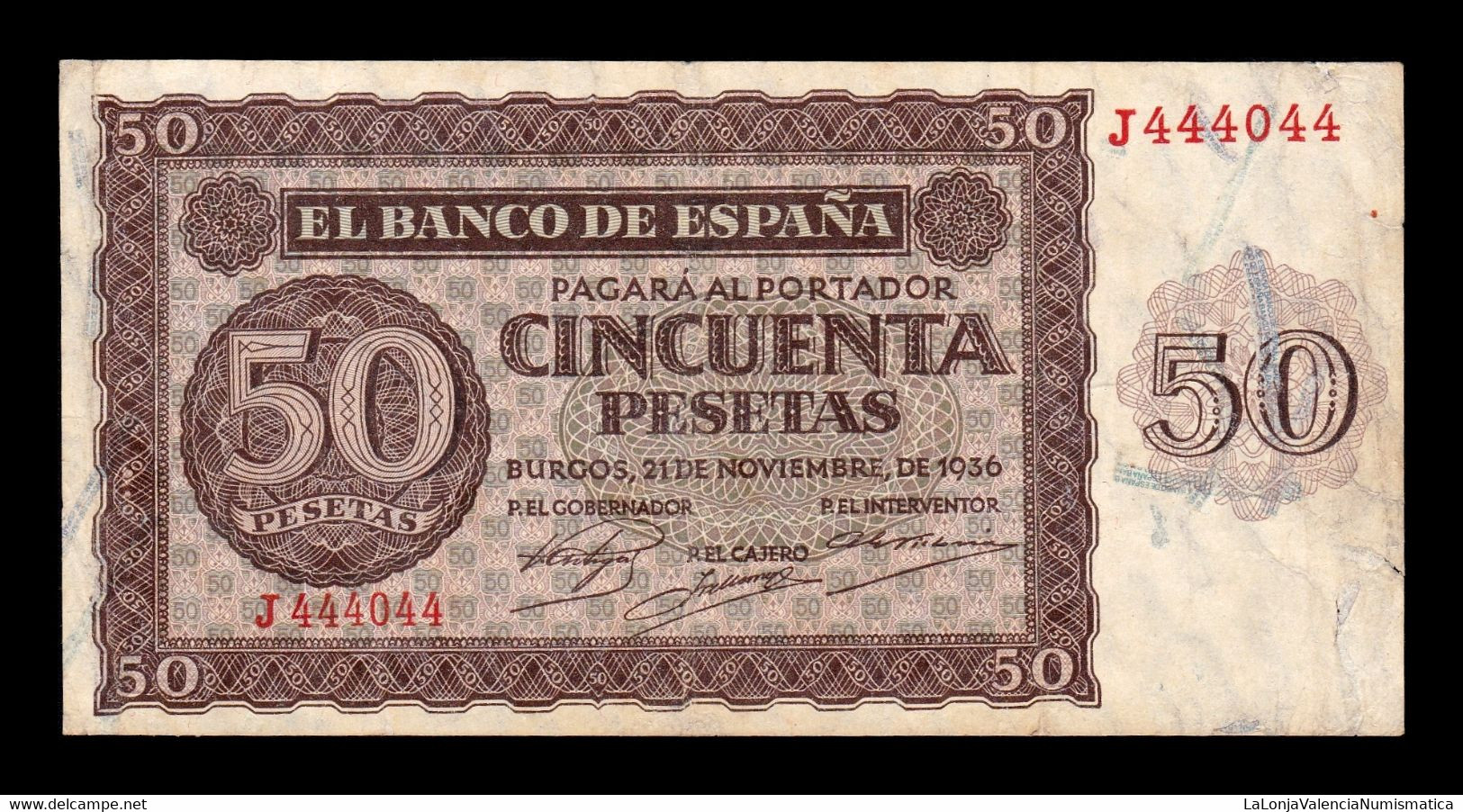 España Spain 50 Pesetas Burgos 1936 Pick 100 Serie J MBC VF - 50 Pesetas