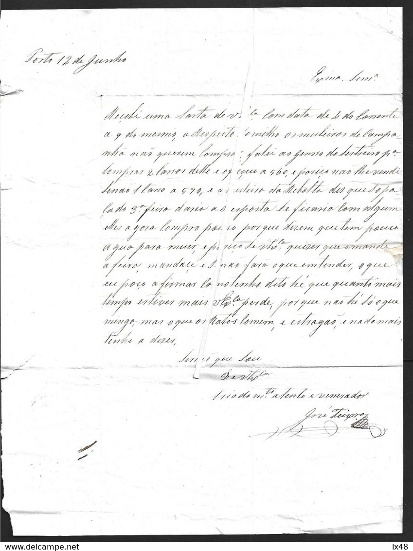 Carta Com Stamp Rei D. Pedro V Obliterado Com Marca Barras 52 Porto. Lisboa 1857. Venda De Milho A Muleiros De Campanha - Cartas & Documentos
