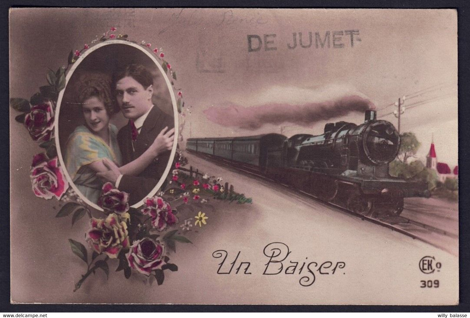 +++ CPA - Fantaisie - Un Baiser De JUMET - Couple - Train - Locomotive  // - Charleroi