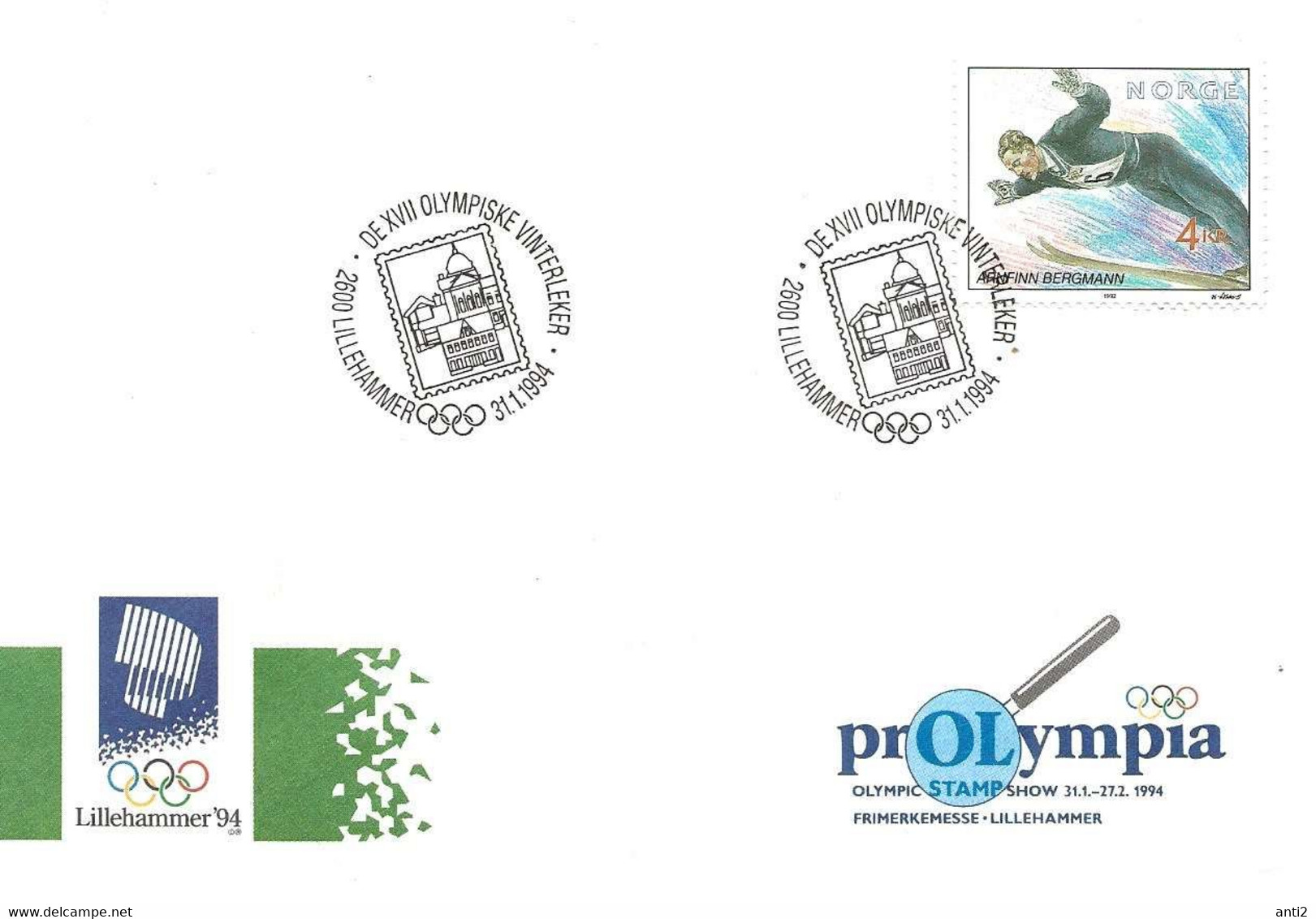 Norge Norway 1994 Olympic Games Lillehammer, Mi 1091 Ski Jumping, Arnfinn Bergmann - PrOLympia Cover - Covers & Documents