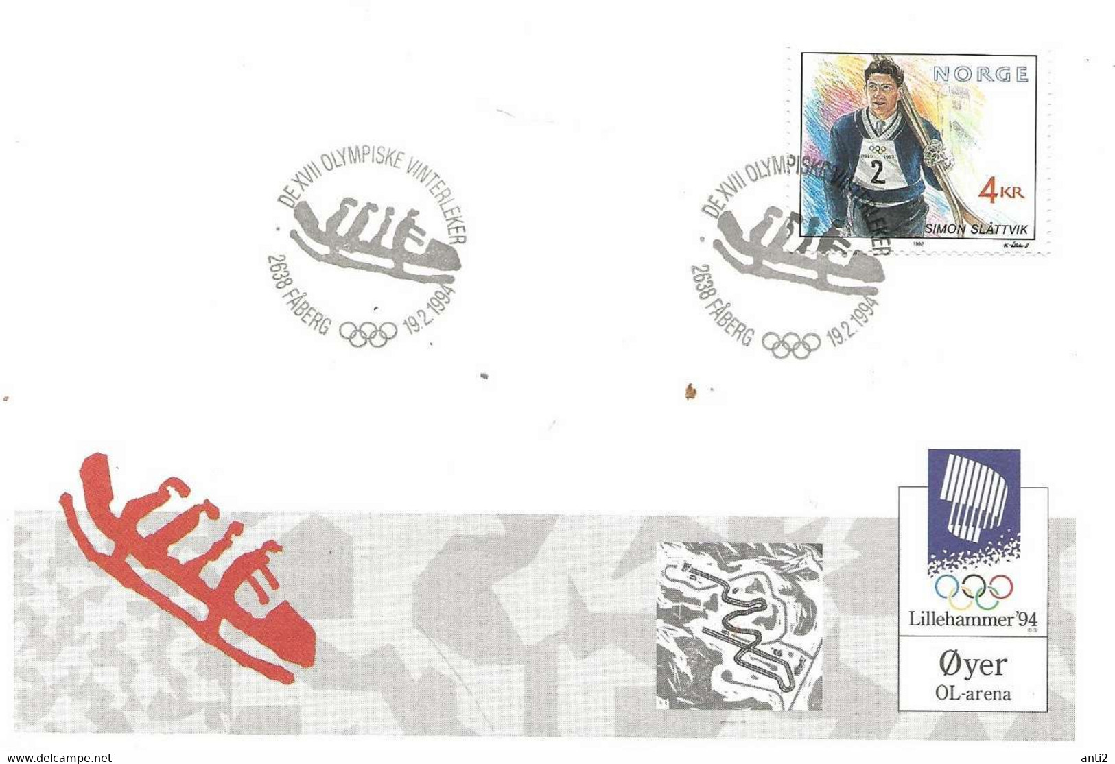 Norge Norway 1994 Olympic Games Lillehammer, Mi 1093  Simon Slåttvik Nordic Combined, Øyer Arena Bobsleigh - Storia Postale