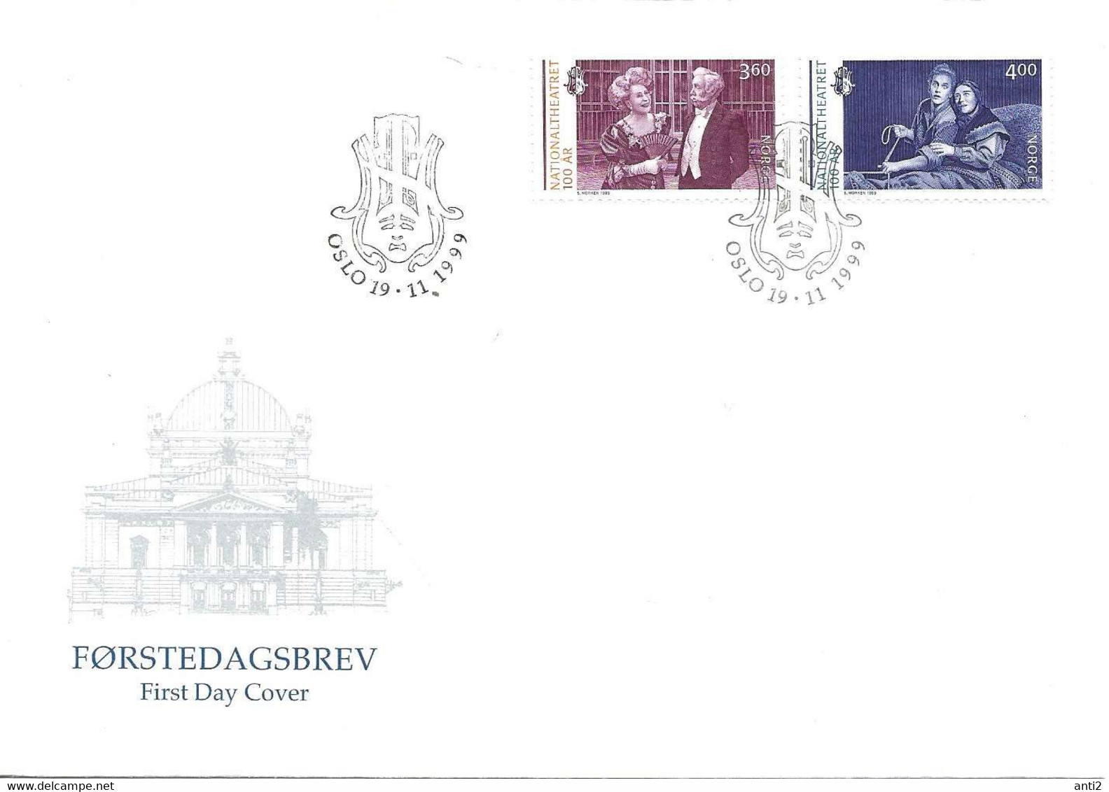 Norge Norway 1999 Centenary Of The National Theater, Oslo. Mi 1333-1334 - FDC - Briefe U. Dokumente