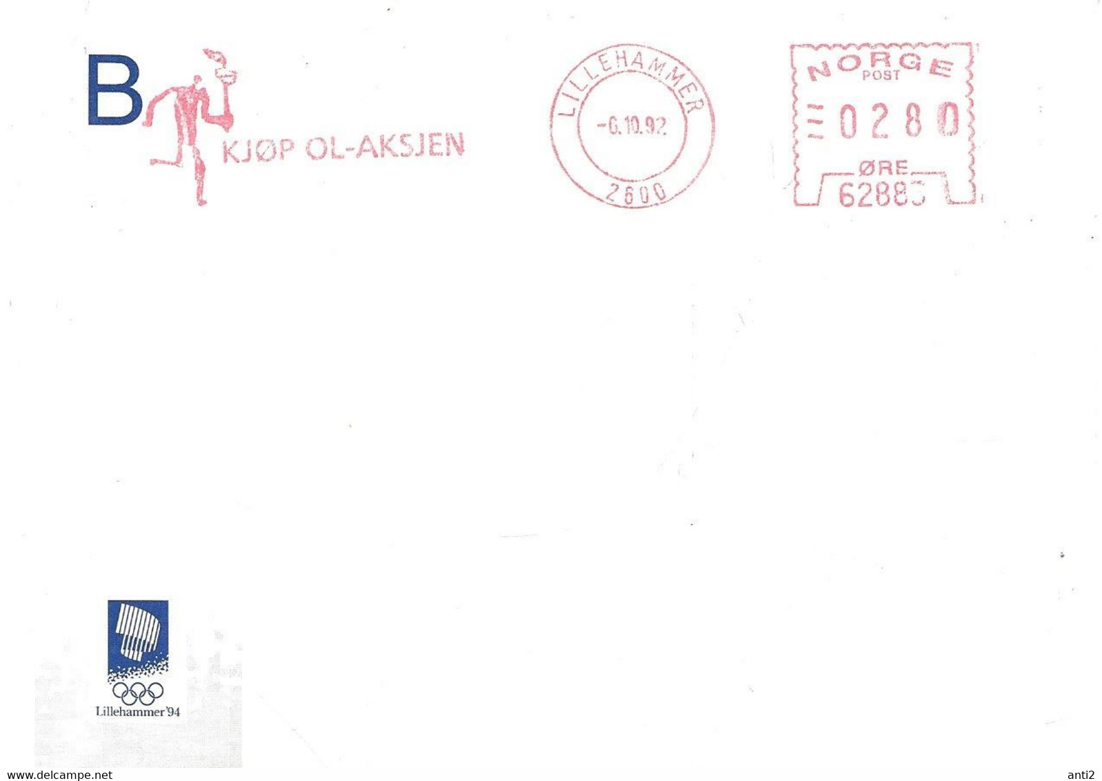 Norge Norway 1992 Olympic Games  Lillehammer Text In Cancellation "kjøp OL-aksjen  6.10.92 - Storia Postale