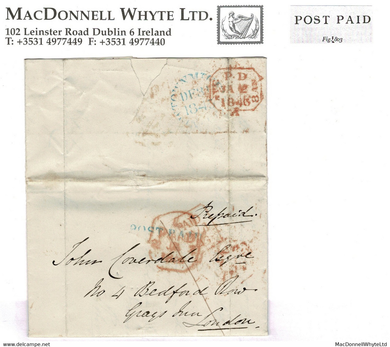 Ireland Wicklow 1843 Letter To London With Unframed POST PAID Of Newtownmountkennedy In Turquoise-green - Préphilatélie