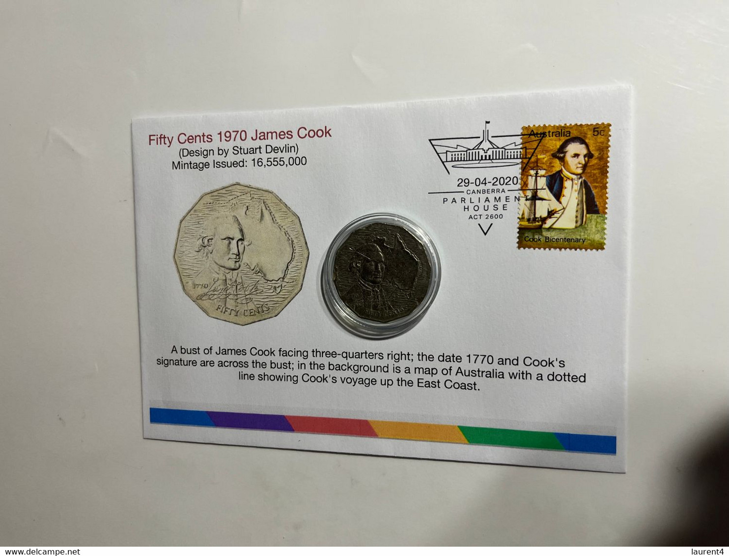 (1 M 30) Australia - Fifty Cents 1970 James Cook Coin + Capt Cook Bicentenary Stamp On Cover (postmark 29-04-2020) - 50 Cents