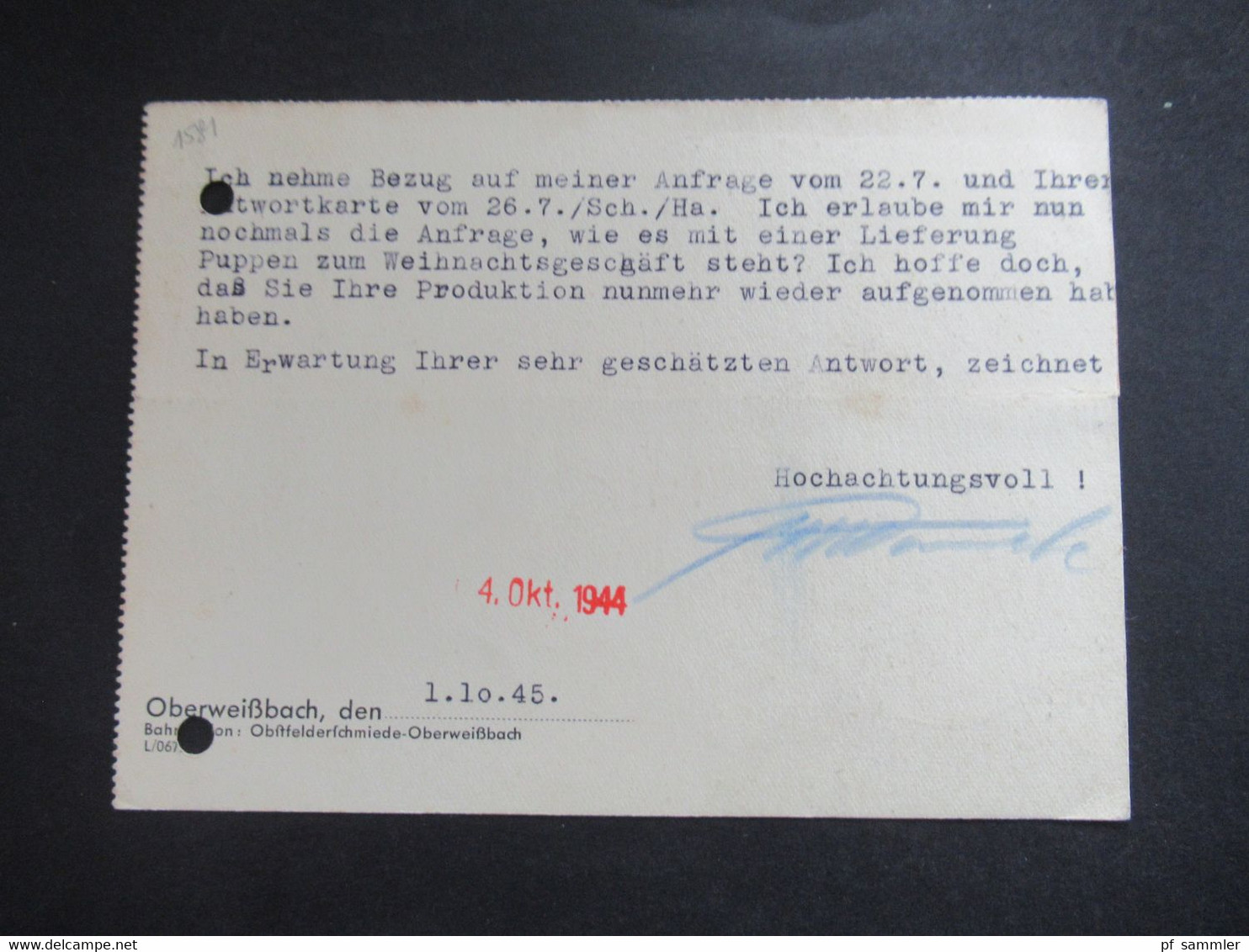 SBZ 1.10.1945 Violetter Ra1 Gebühr Bezahlt Und Tagesstempel Oberweißbach Inhalt Puppen Zum Weihnachtsgeschäft - Other & Unclassified
