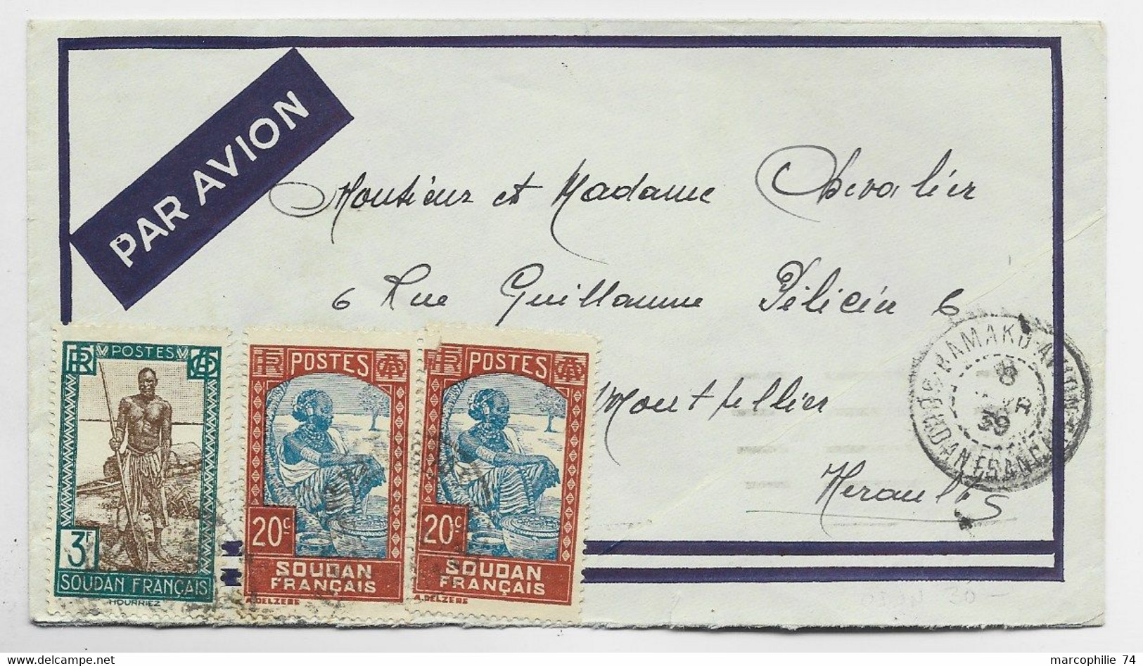 SOUDAN FRANCAIS 20CX2+3FR LETTRE COVER AVION BAMAKO AVION 8 FEVR 1939 PUR HERAULT - Briefe U. Dokumente