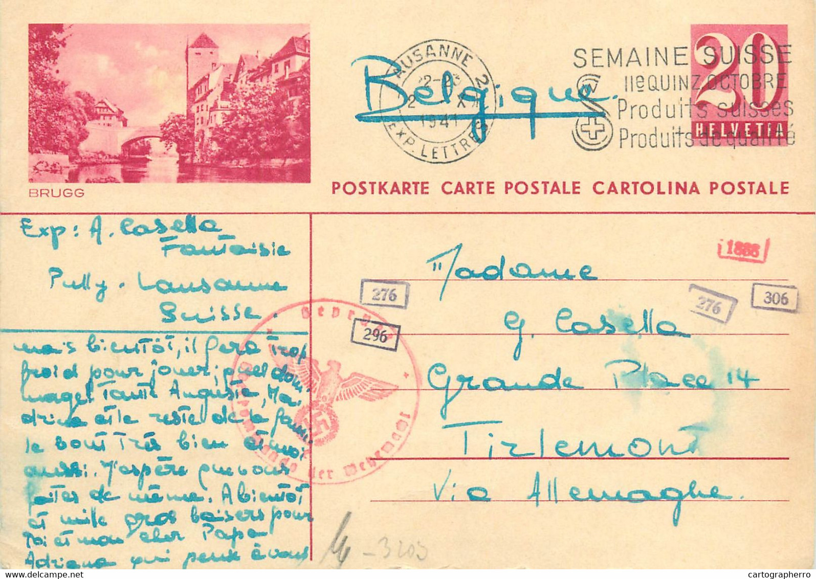 Switzerland Suisse Entier Postal Helvetia 20c Postal Stationery Brugg - Tirlemont Via Deutschland 1941 - Brugg