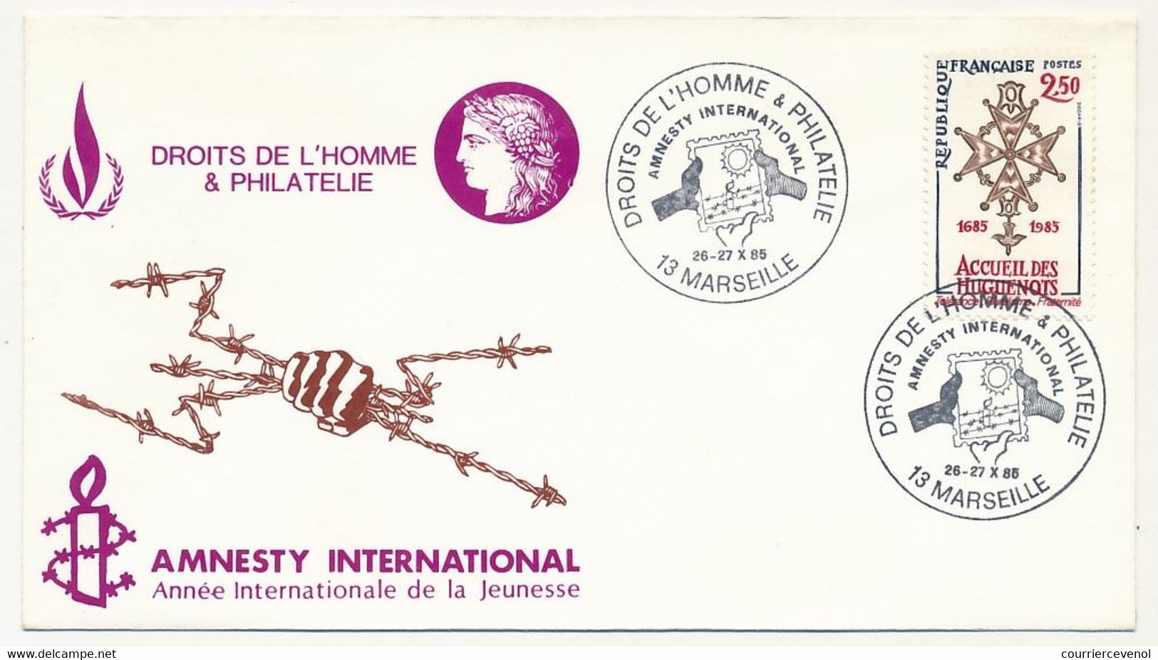 Enveloppe Affr. 2,50 Accueil Huguenots - Obl Temp. Droits De L'Homme Et Philatélie -Amnesty International Marseille 1985 - Cachets Commémoratifs