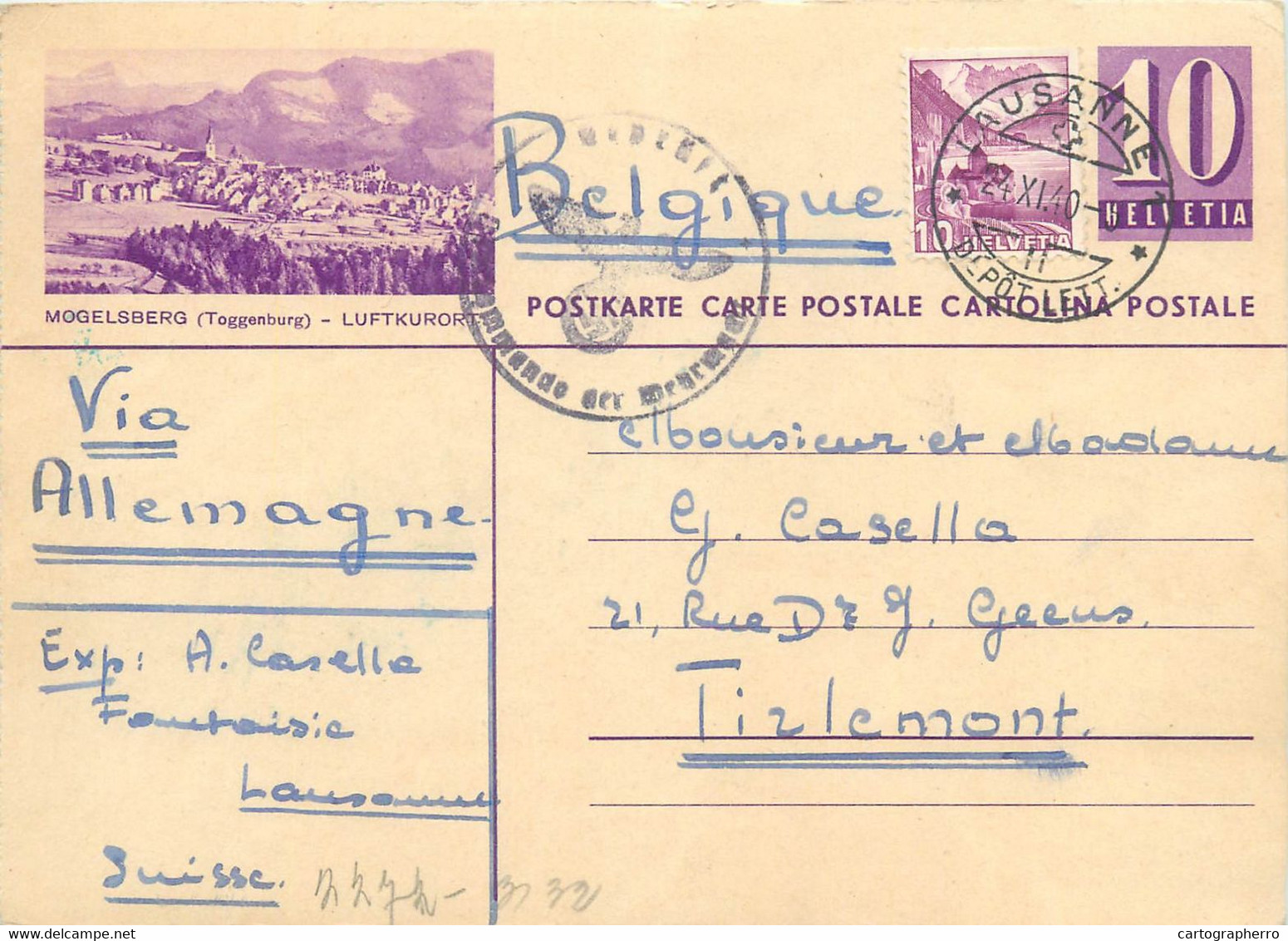 Switzerland Suisse Schweiz Entier Postal Helvetia 10c Postal Stationery Mogelsberg Tirlemont Via Allemagne 1940 - Mogelsberg