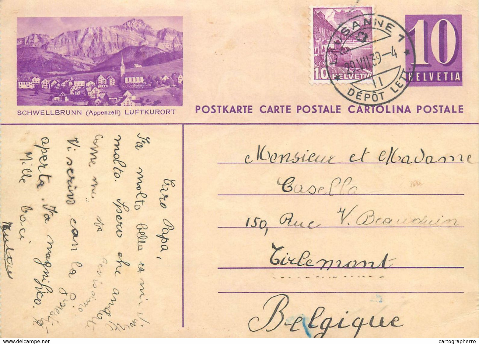 Switzerland Suisse Schweiz Entier Postal Helvetia 10c Postal Stationery Schwellbrunn 1939 - Schwellbrunn
