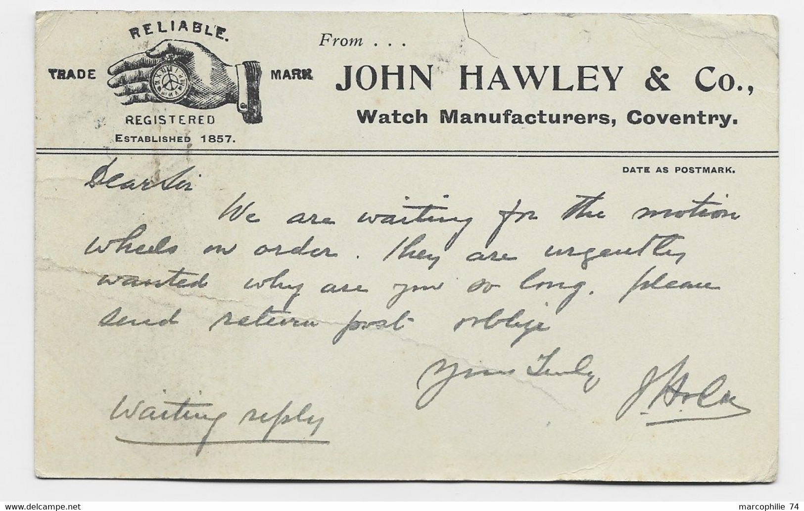 ENGLAND COVENTRY CARD JOHN HAWLEY Co WATCH MANUFACTURERS 1913 - Coventry