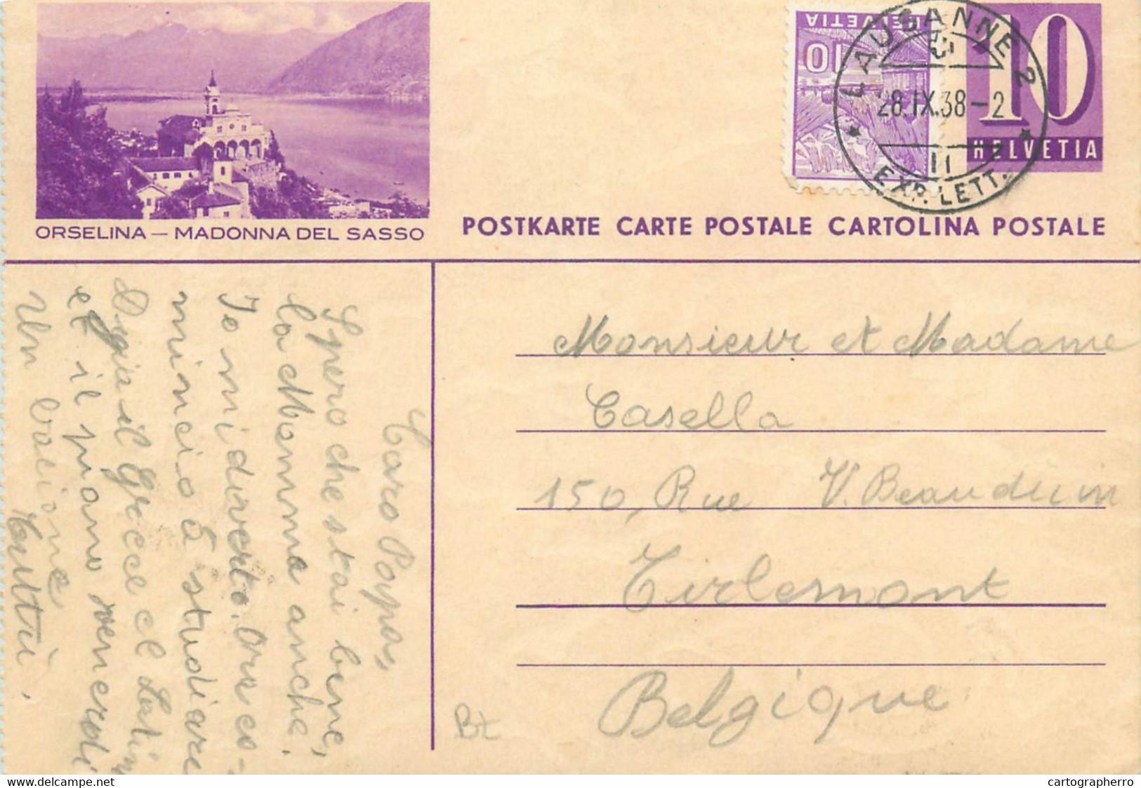 Switzerland Suisse Schweiz Entier Postal Helvetia 10c Postal Stationery Orselina Madonna Del Sasso 1938 - Orselina