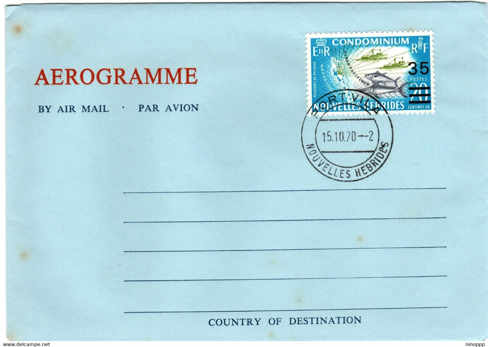 New Hebrides French 1970 Aerogramme,  First Day Cover Toned Spots - FDC