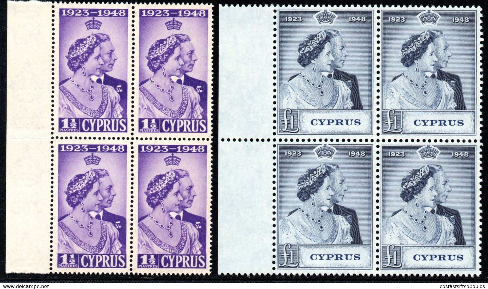 1197.CYPRUS.1948 SILVER WEDDING.SG 166-167,SC. 158-159,VERY FINE MNH BLOCKS OF 4 - Cyprus (...-1960)