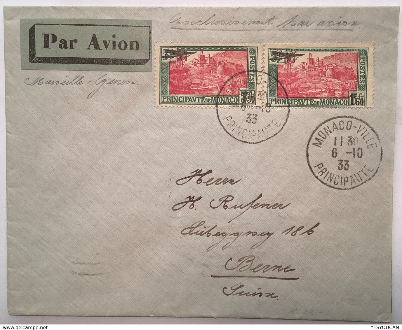 Monaco 1933 RARE Lettre Poste Aérienne PA1 Vol Par Avion MARSEILLE-GENÉVE>Bern, Suisse (P.A Cover Schweiz Brief Flugpost - Airmail