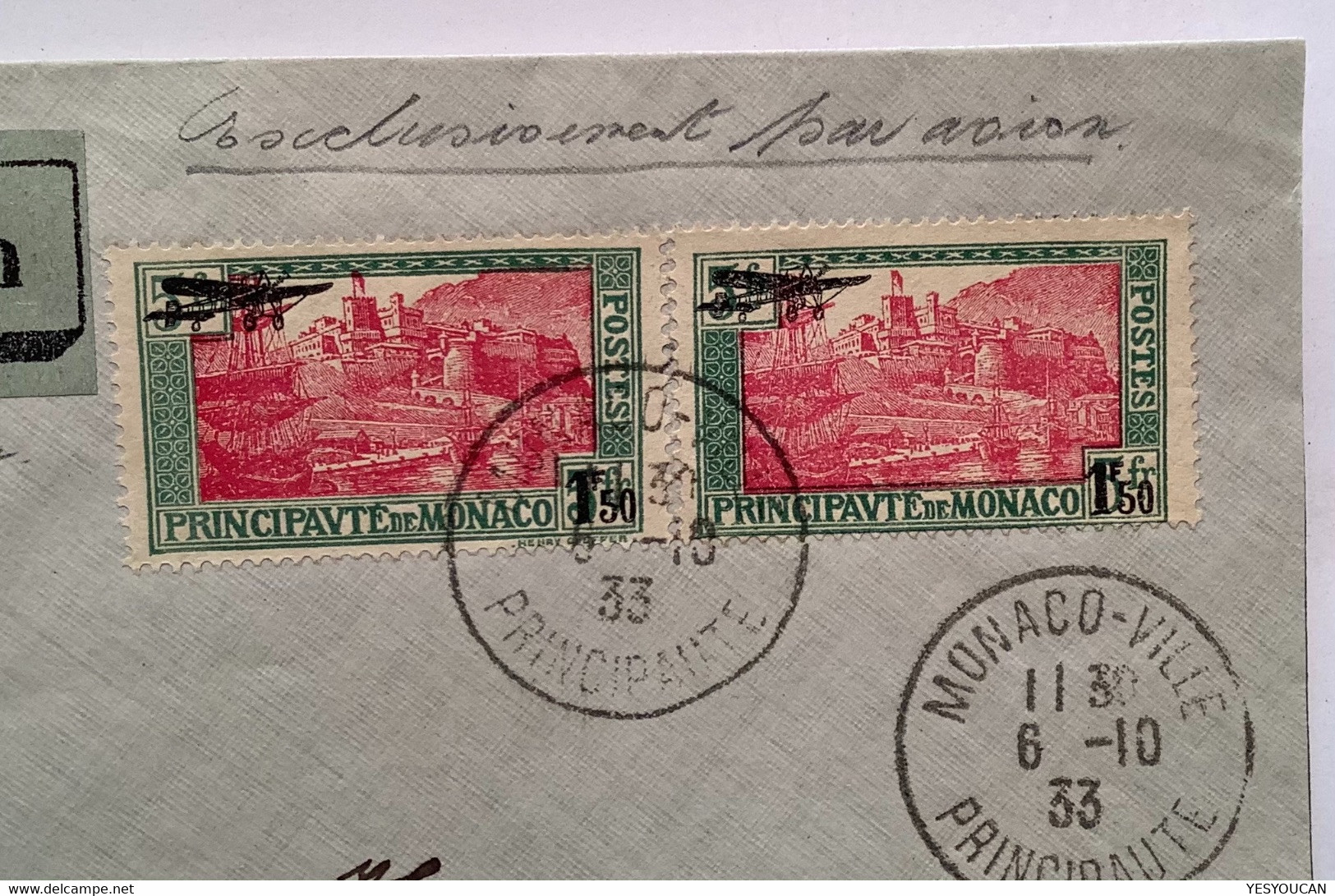 Monaco 1933 RARE Lettre Poste Aérienne PA1 Vol Par Avion MARSEILLE-GENÉVE>Bern, Suisse (P.A Cover Schweiz Brief Flugpost - Luchtpost