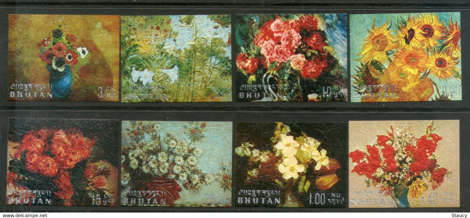 Bhutan 1970 Flowers Painting By Van Gogh Renoir Art Thick Canvas "Embossed" 8 Diff. MNH As Per Scan - Grabados