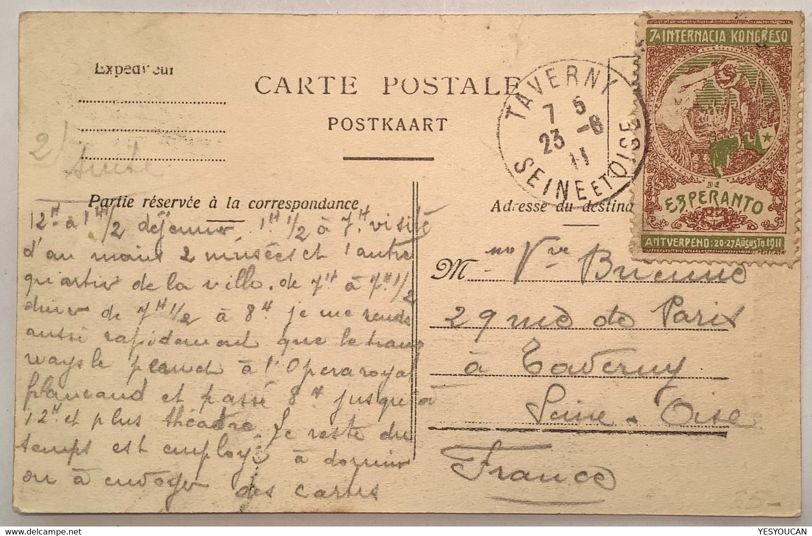 7.ESPERANTO CONGRES ANTWERPEN 1911 Label Ppc Belgium Grosse Barbe>Taverny 95  (Anvers Vignette Poster Stamp Belgique Cpa - Esperanto