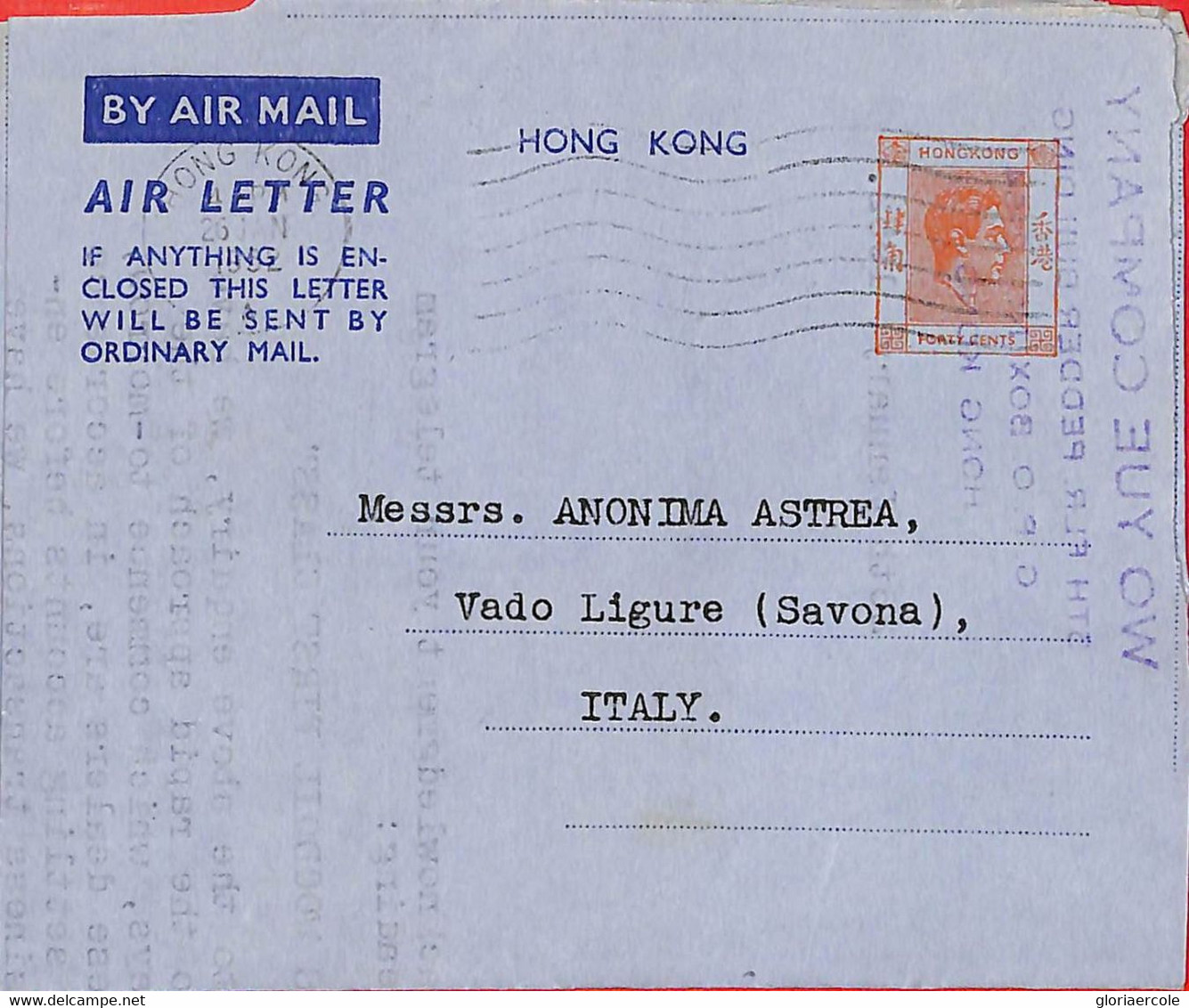 Aa6794 - HONG KONG - POSTAL HISTORY - Stationery AEROGRAMME  To ITALY  1952 - Postal Stationery