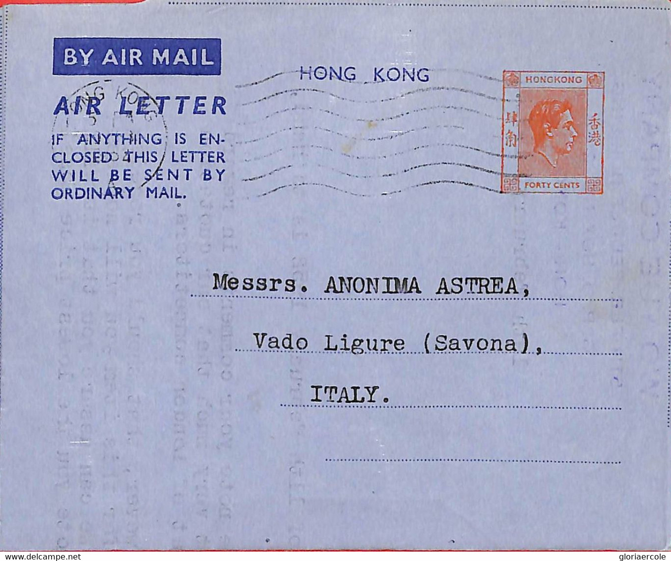 Aa6796  - HONG KONG - POSTAL HISTORY - Stationery AEROGRAMME  To ITALY  1952 - Postwaardestukken