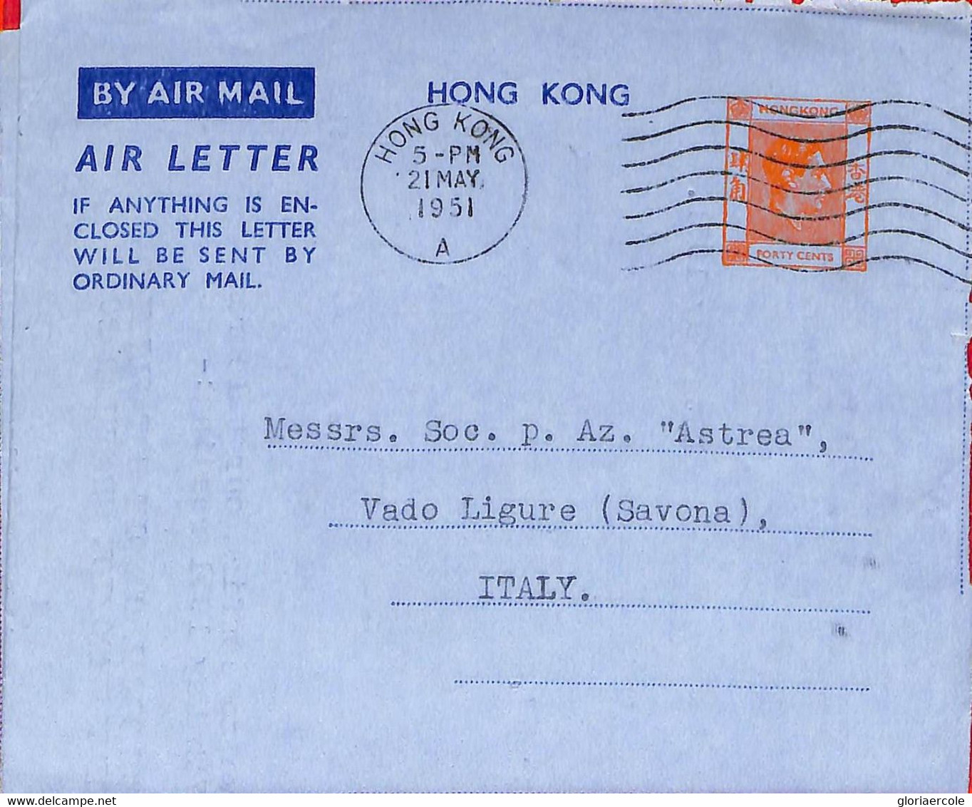 Aa6797 - HONG KONG - POSTAL HISTORY - Stationery AEROGRAMME  To ITALY  1951 - Postal Stationery