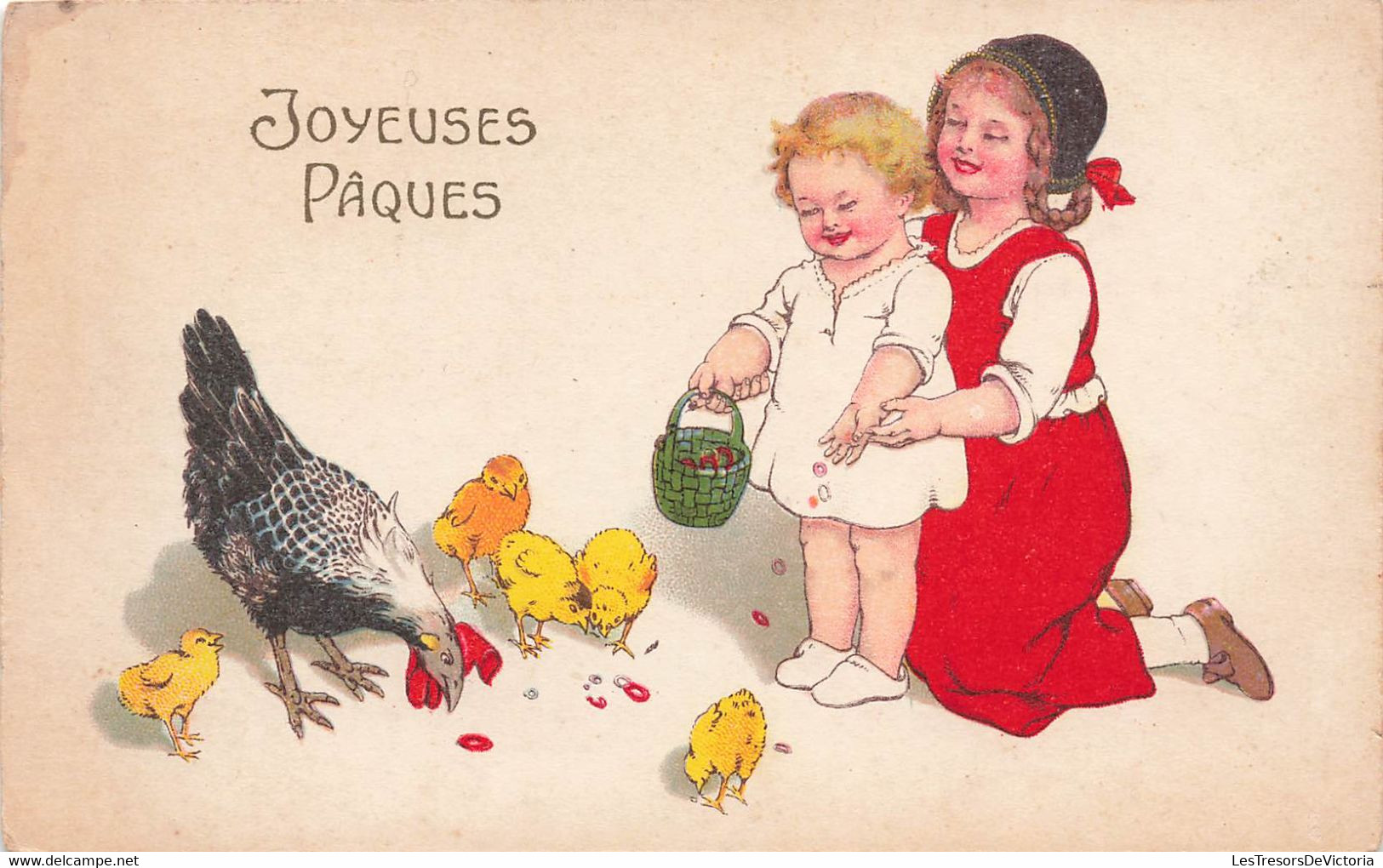 CP Fantaisie - Joyeuses Paques - Enfants Donnant Du Grain Aux Poules - Easter