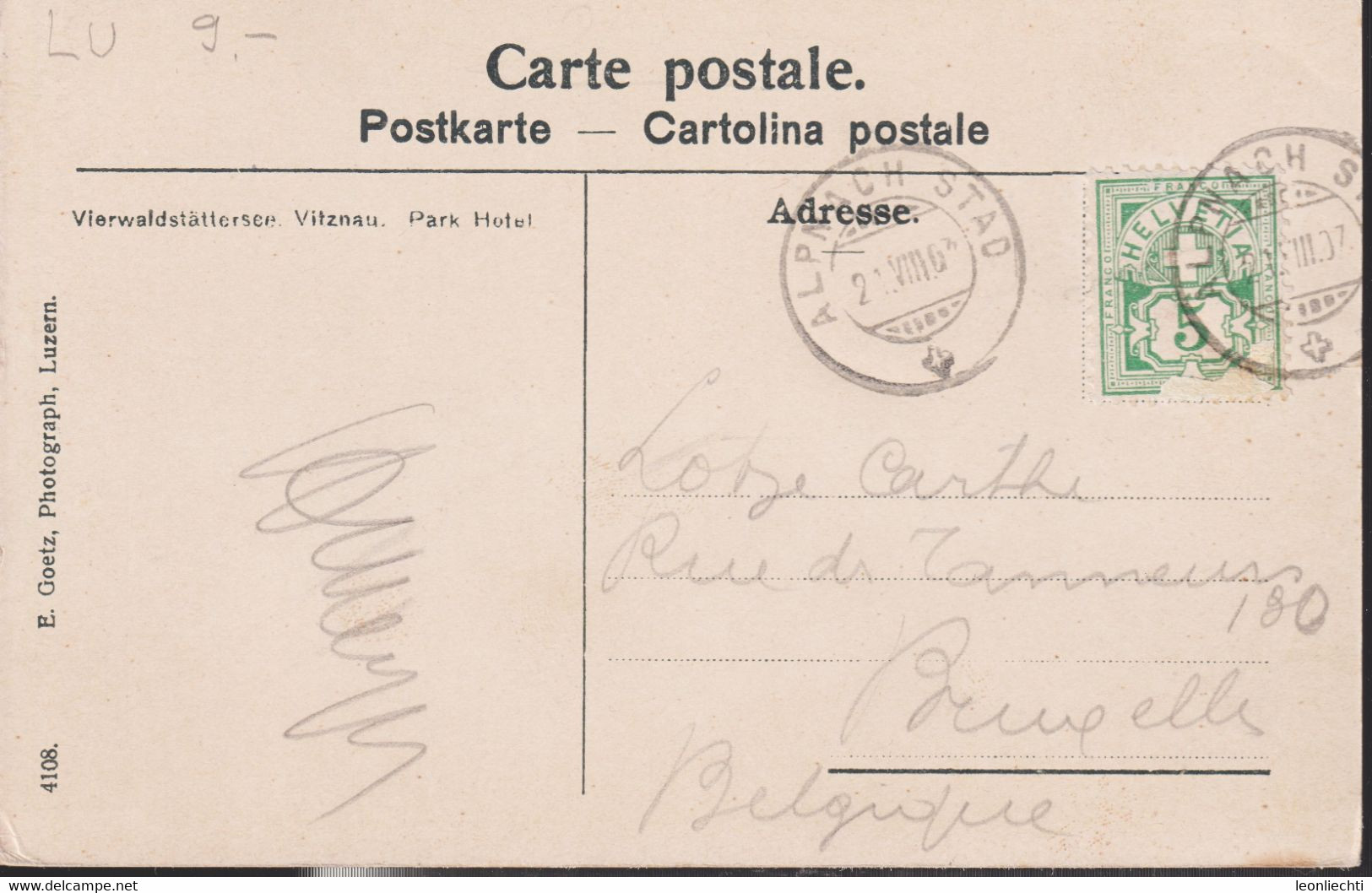 AK: Carte Postale, 1907 Vierwaldstättersee: Vitznau, Park -  Hotel. Gelaufen Von Alpnach - Stad - Alberghi & Ristoranti