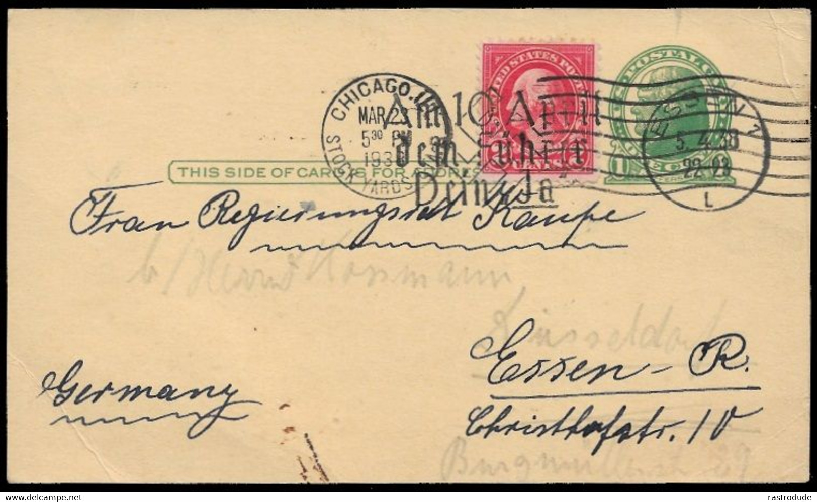 1938 US Uprated 1c PSC W. 2c TO GERMANY- CHICAGO STOCK YARDS CDS & AM 10 APRIL DEM FÜHRER DEIN JA - 1921-40