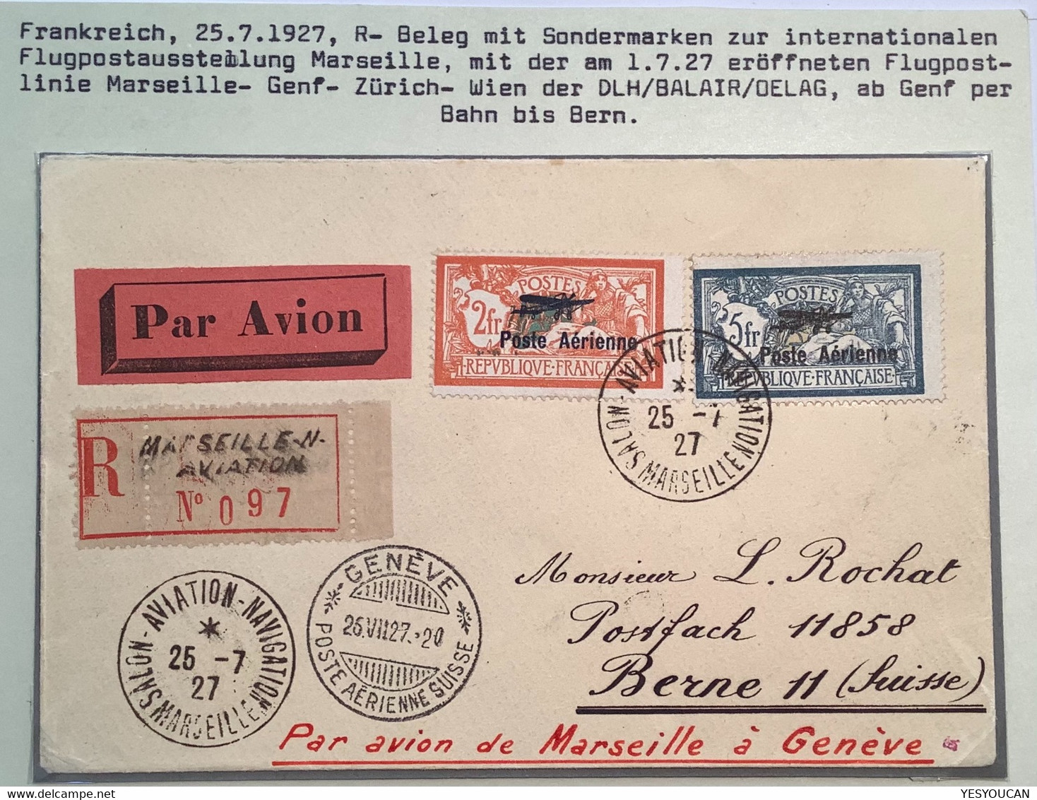 P.A1-2 SALON AVIATION+AUTOMOBILE MARSEILLE 1927lettre Par Avion>Bern(Poste Aérienne France Genéve Flugpost Schweiz Brief - 1927-1959 Covers & Documents