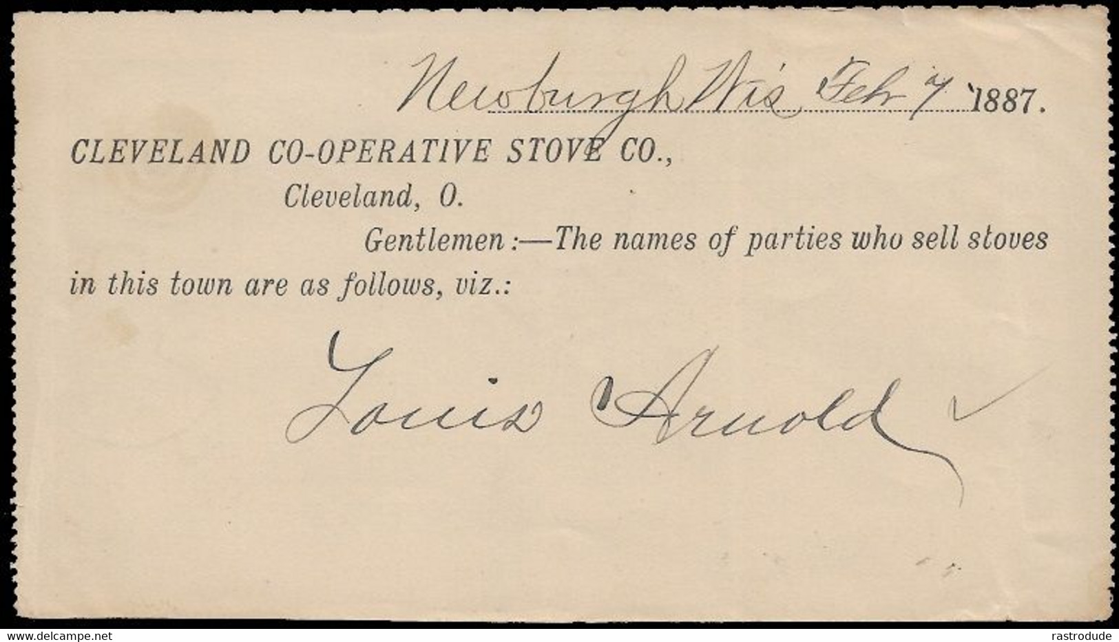 1887(7 Feb) US 2c Letter Sheet Used (HG3) - Printed To Order CLEVELAND STOVE Cº. From NEWBURGH To Cleveland - ...-1900