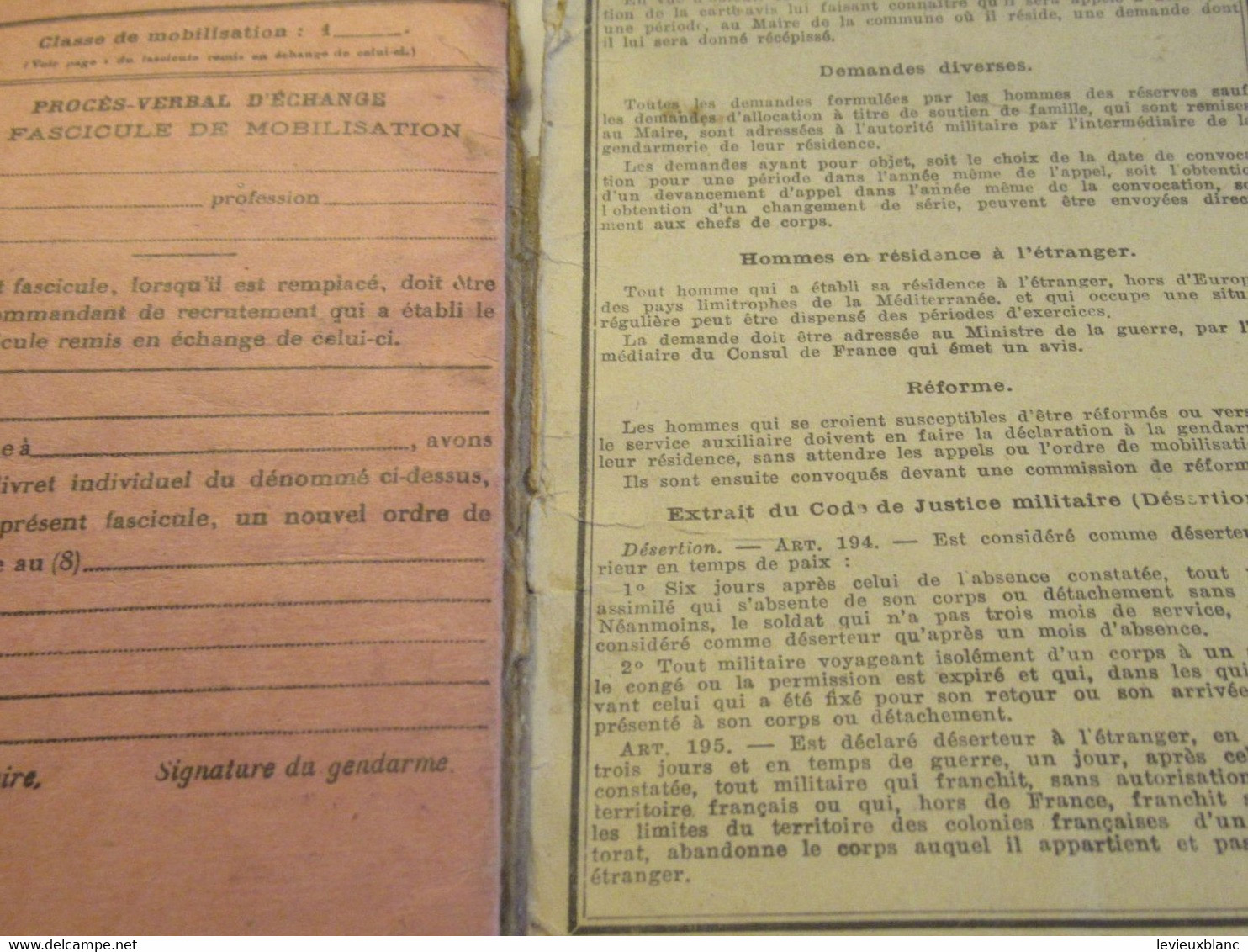 Livret Individuel/ Fascicule De Mobilisation/Bonneau/Saint Yrieix Haute-Vienne/Classe 1933/ 1934-1940       AEC240 - Documents