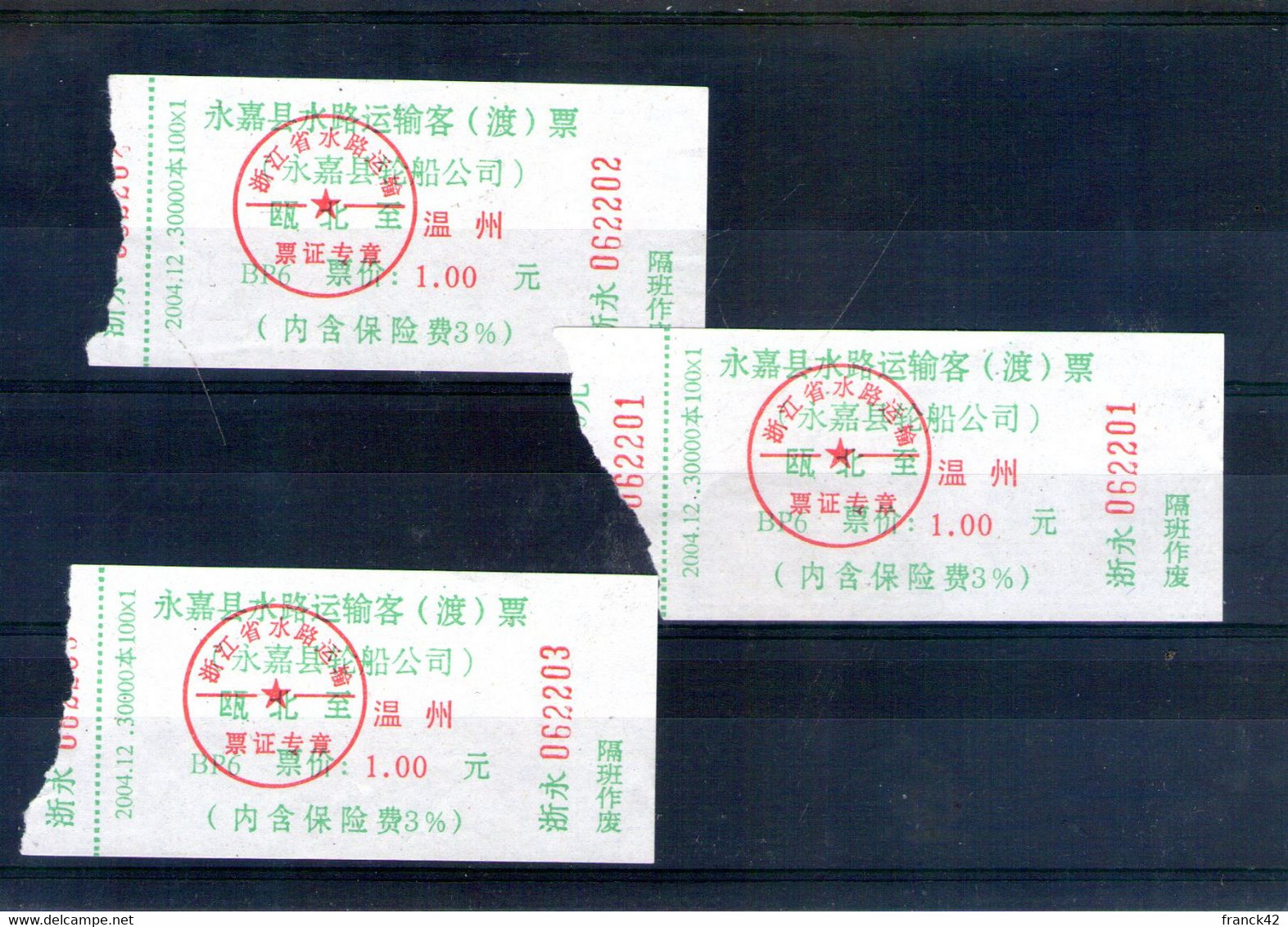 Chine. Tickets De Transport. Lot De 3 - Monde