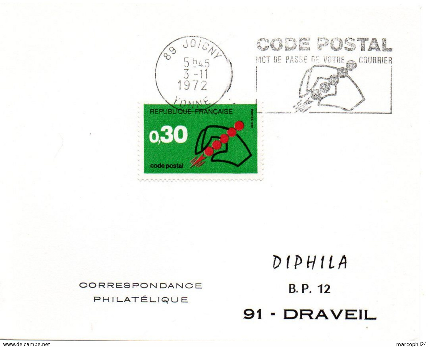 YONNE - Dépt N° 89 = JOIGNY 1972 =  FLAMME à DROITE CONCORDANTE = SECAP Illustrée ' CODE POSTAL / Mot Passe' - Codice Postale