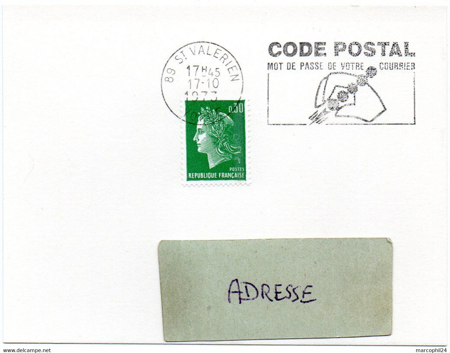 YONNE - Dépt N° 89 = ST VALERIEN 1973 =  FLAMME à DROITE =  SECAP Illustrée ' CODE POSTAL / Mot Passe' - Codice Postale