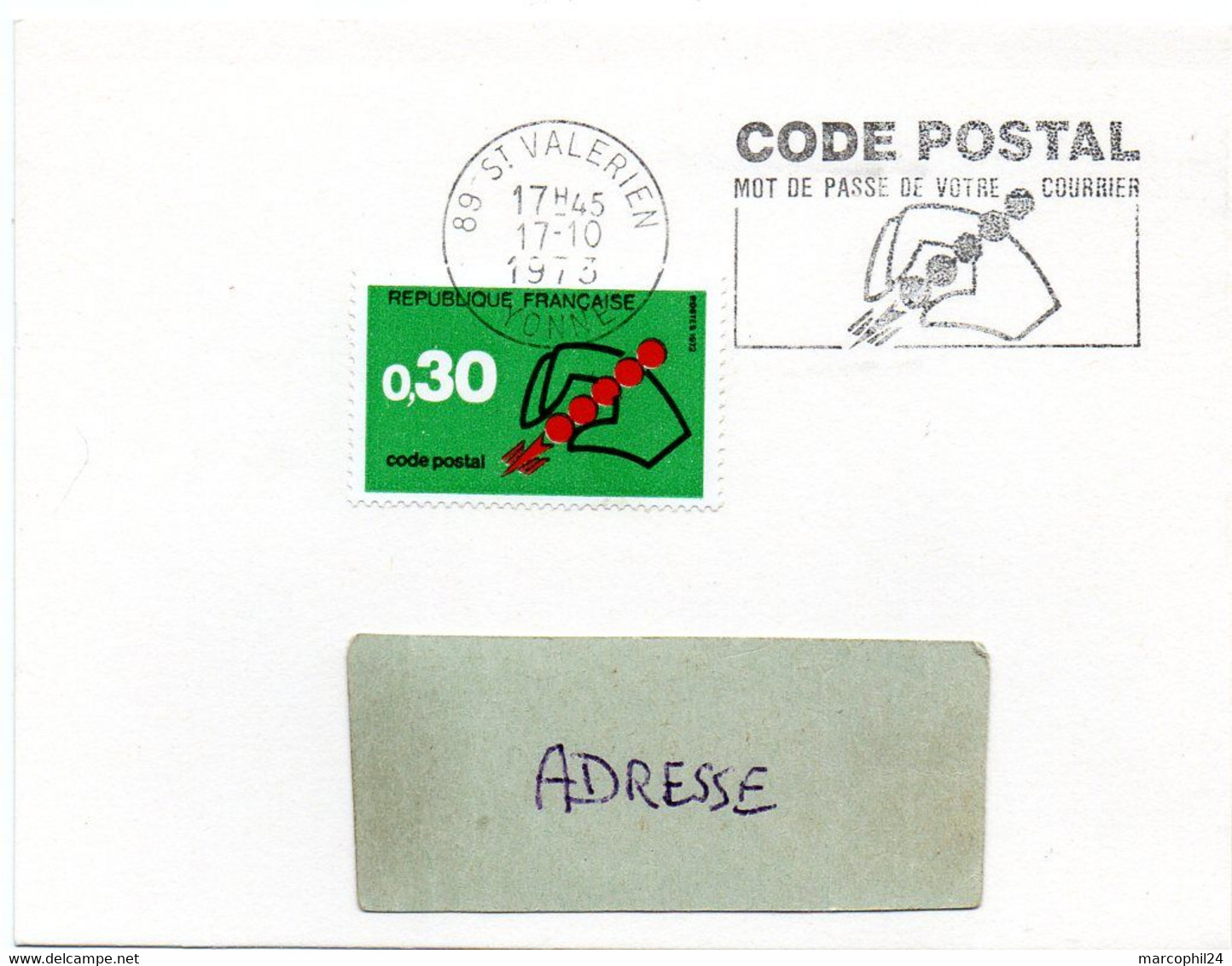YONNE - Dépt N° 89 = ST VALERIEN 1973 =  FLAMME à DROITE CONCORDANTE = SECAP Illustrée ' CODE POSTAL / Mot Passe' - Código Postal