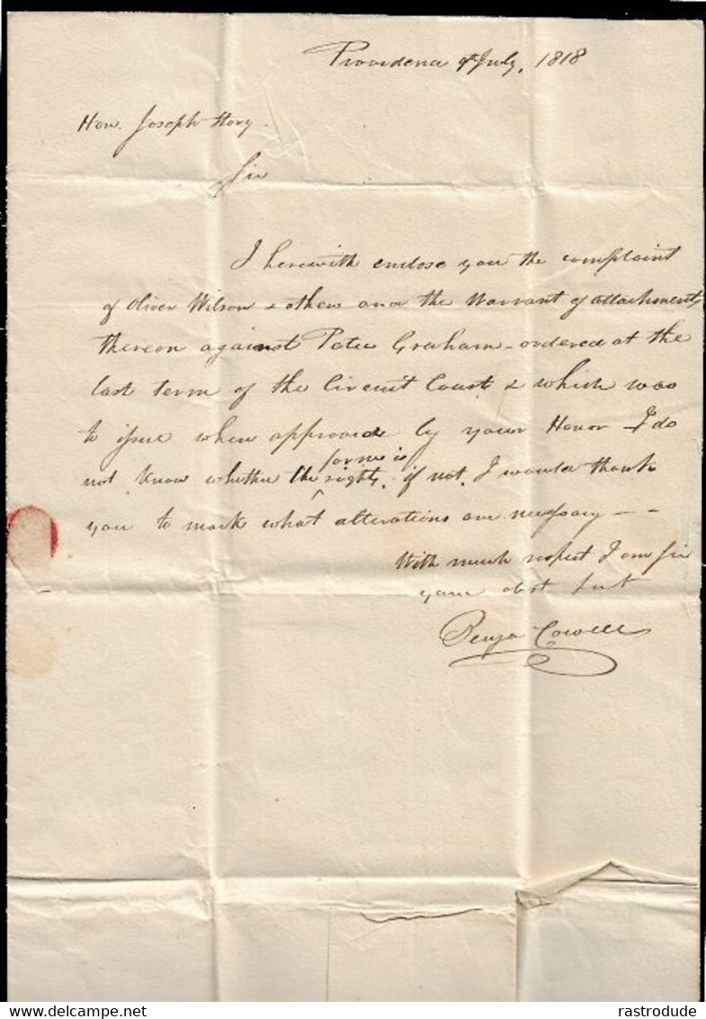 1818, 10 JULY US PROVIDENCE (RHODE ISLAND) STAMPLESS ENTIRE TO MASS. - HS. "PAID" & MS FRACTIONAL POSTAL RATE - B.COWELL - …-1845 Prephilately