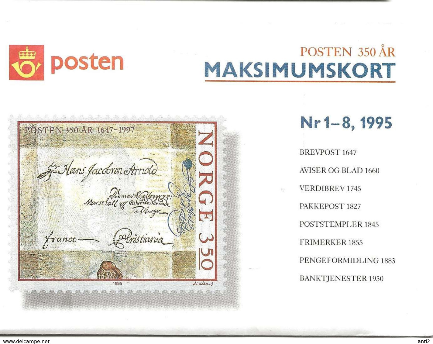 Norge Norway 1995 Norwegian Post 350 Years,  MK 1-8-95 With Mi 1189-1186 On 8 Maximumcards - Cartoline Maximum