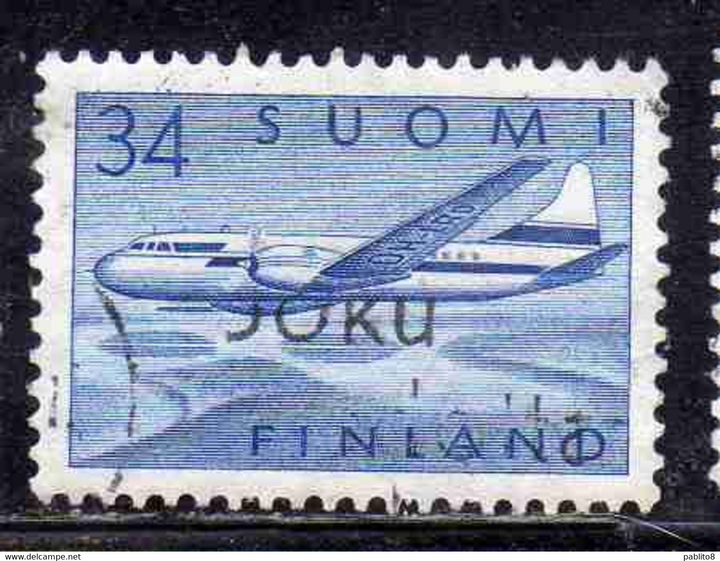 SUOMI FINLAND FINLANDIA FINLANDE 1958 AIR POST MAIL AIRMAIL CONVAIR OVER LAKES 34m USED USATO OBLITERE' - Usati