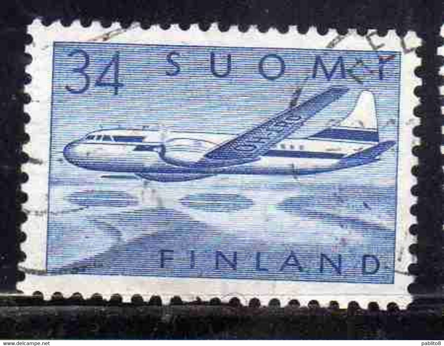 SUOMI FINLAND FINLANDIA FINLANDE 1958 AIR POST MAIL AIRMAIL CONVAIR OVER LAKES 34m USED USATO OBLITERE' - Used Stamps