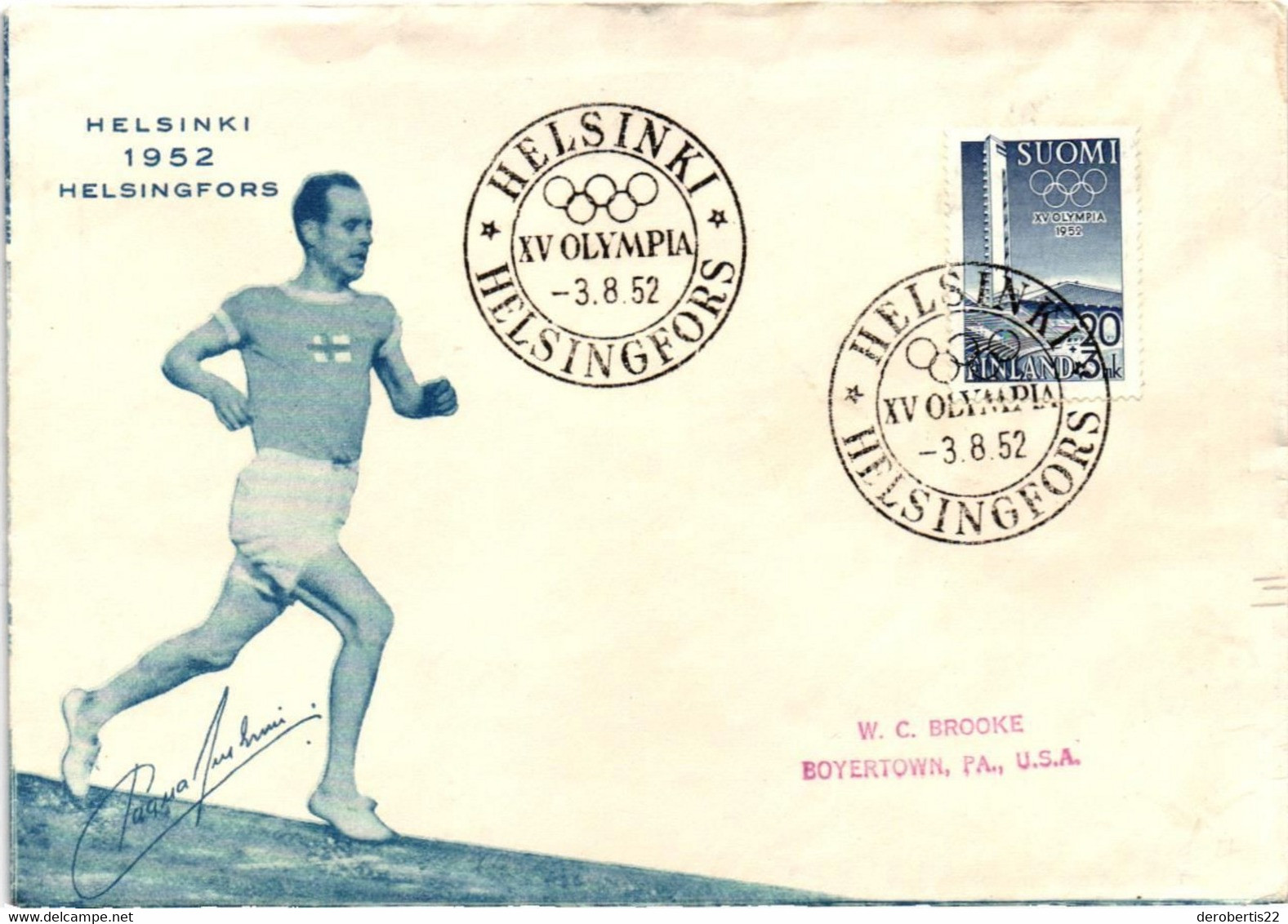 OLIMPIC GAMES - Helsinki - Finland 1952_ SUOMI FINLAND. 20 + 3 Mk Olympia 1952 On Official Decored Cover - Summer 1952: Helsinki